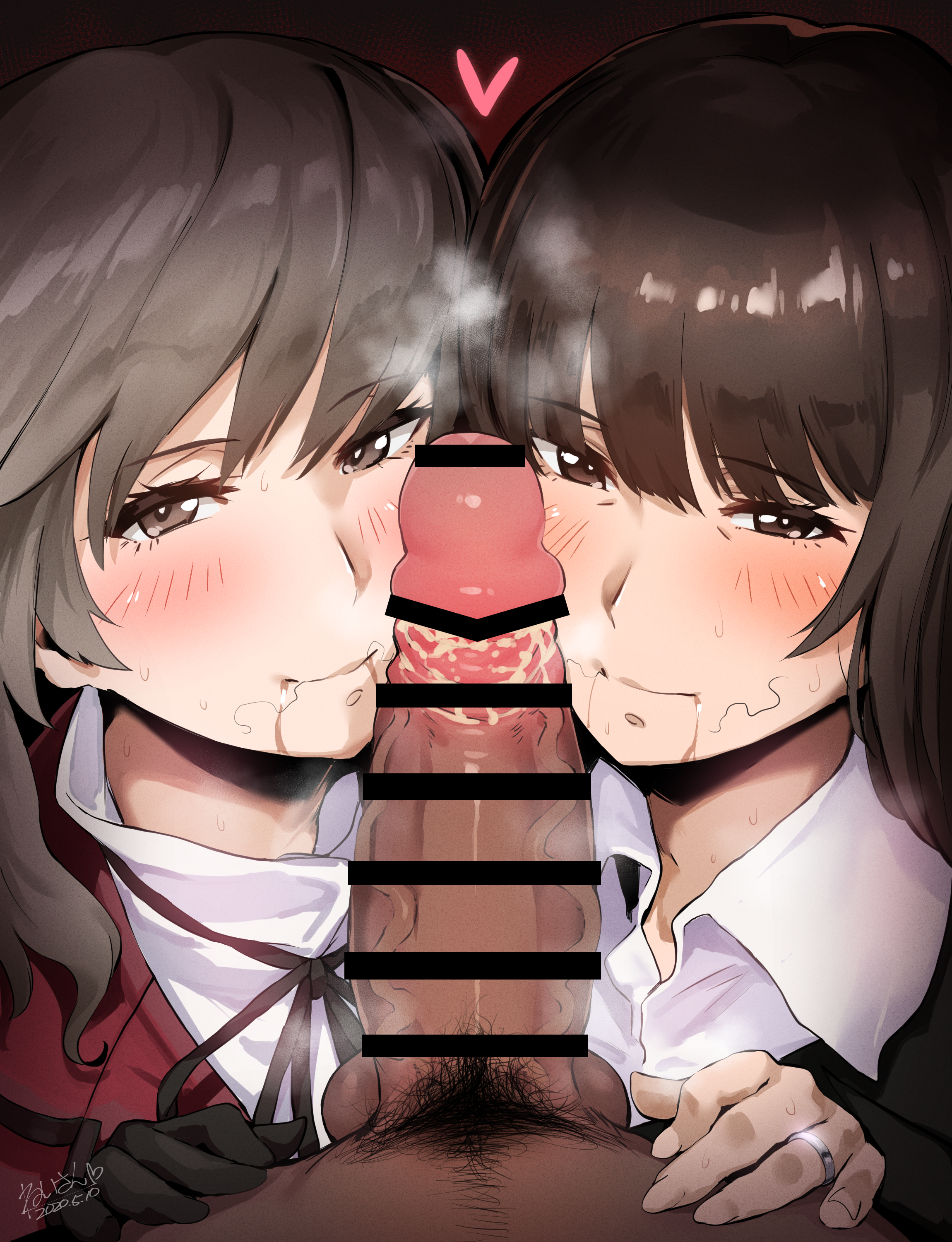 1boy, 2girls, absurdres, artist name, artist signature, balls, bar censor, black gloves, blush, brown eyes, brown hair, censored, close-up, clothed female nude male, dark skin, dark-skinned male, female, female focus, girls und panzer, gloves, grey eyes, grey hair, heart, heavy breathing, hero neisan, high resolution, highres, hime cut, looking at viewer, male, male pubic hair, mature, mature female, milf, nishizumi shiho, penis, pubic hair, ring, saliva, shimada chiyo, signature, smegma, smile, stray pubic hair, testicles, veiny penis