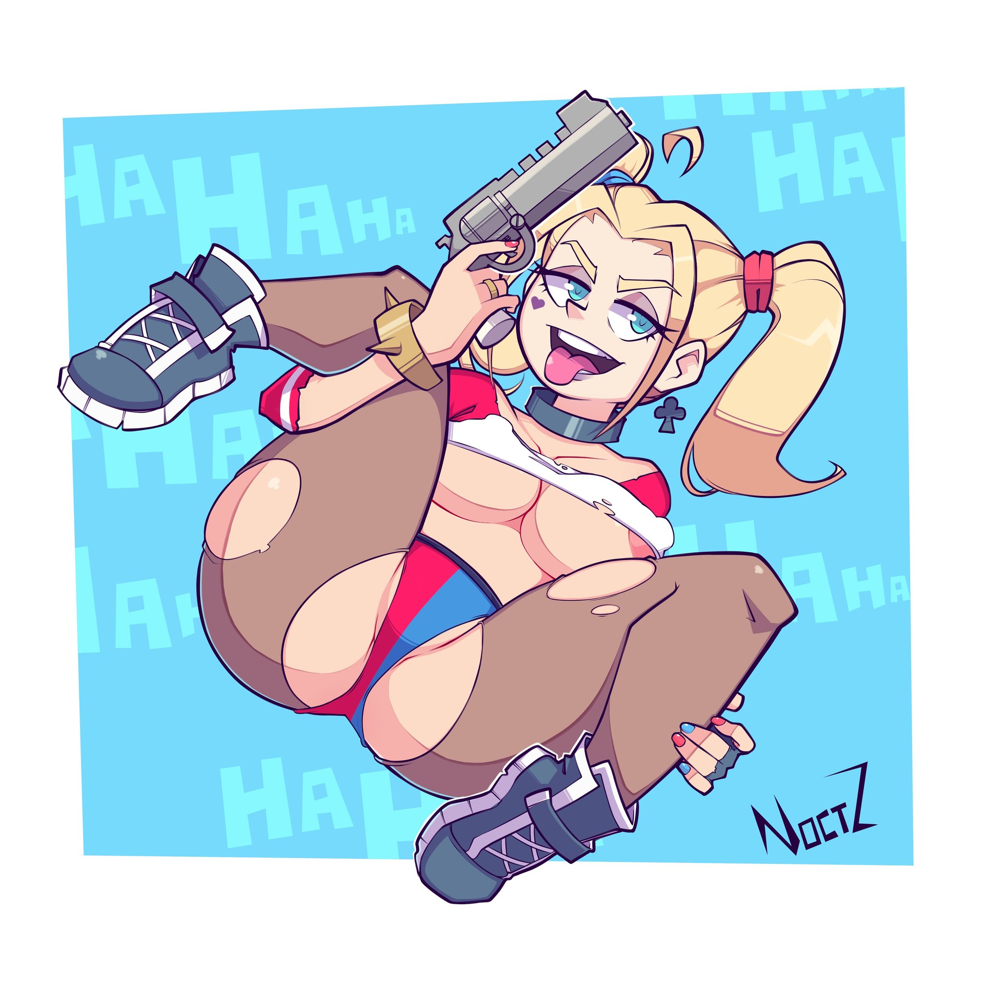 1girls, alternate version available, areola slip, areolae, batman (series), blue background, blue eyes, dc, dc comics, dc extended universe, female, female only, firearm, footwear, gun, handgun, handwear, harley quinn, holding gun, holding weapon, human, lipstick, looking away, neckwear, noctz, pale skin, parody, pigtails, pussy, revolver, ripped clothing, ripped pantyhose, simple background, solo, spread legs, stacked lady, superheroine, supervillainess, thick thighs, thighs, tongue, tongue out, twintails, watermark, weapon, white frame