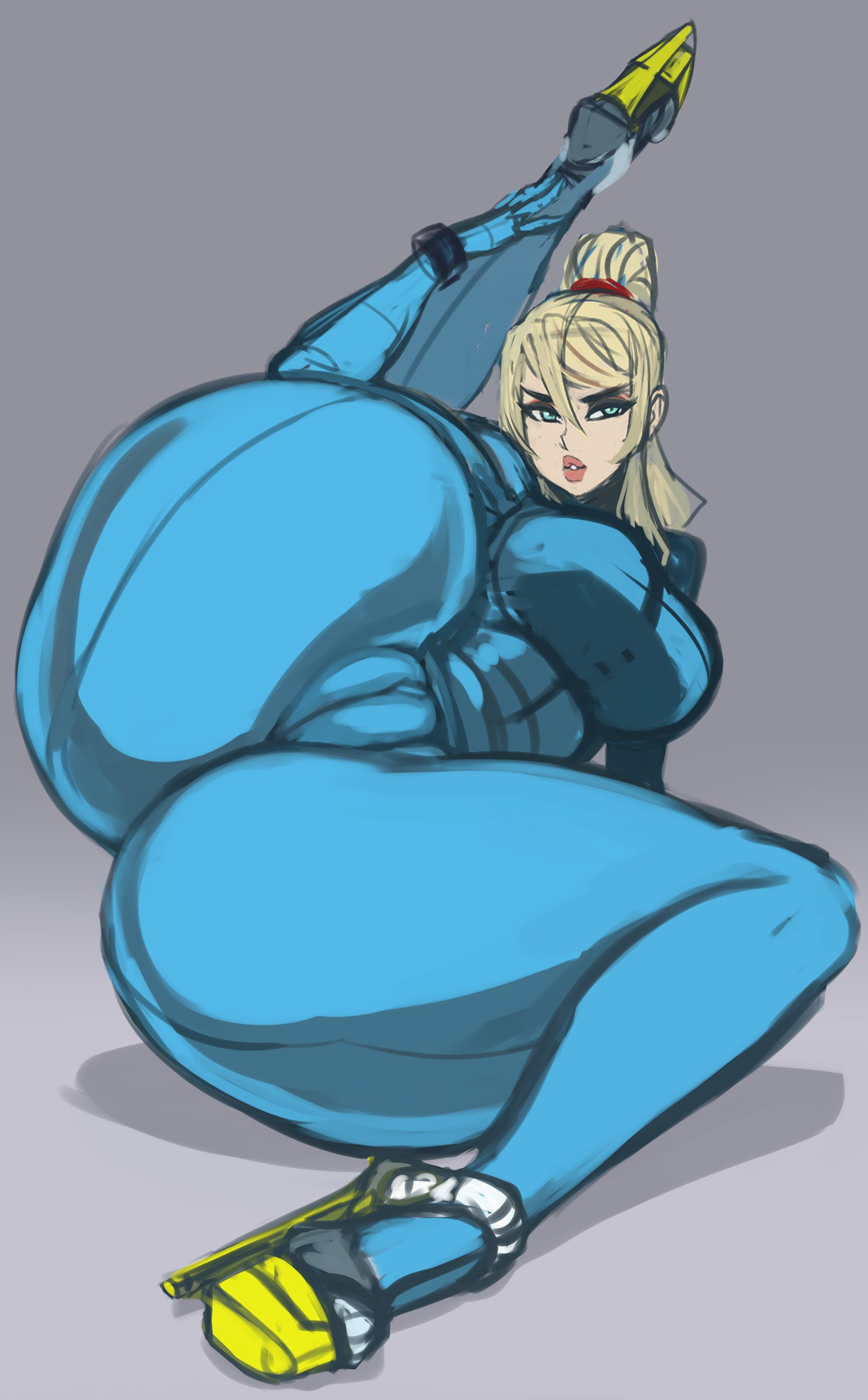 1girls, absurdres, alternate ass size, alternate breast size, ass, ass focus, big ass, big breasts, big butt, big lips, bimbo, breasts, caressing legs, cleavage, fat mons, female, female only, frustrated, high heels, highres, huge ass, huge breasts, large ass, large breasts, lifting leg, live for the funk, looking at viewer, massive ass, metroid, narrowed eyes, nintendo, on side, posing, pussy, reluctant, samus aran, simple background, skintight, solo, solo female, spread legs, thick ass, thick thighs, tight clothing, wide hips, zero suit, zero suit samus