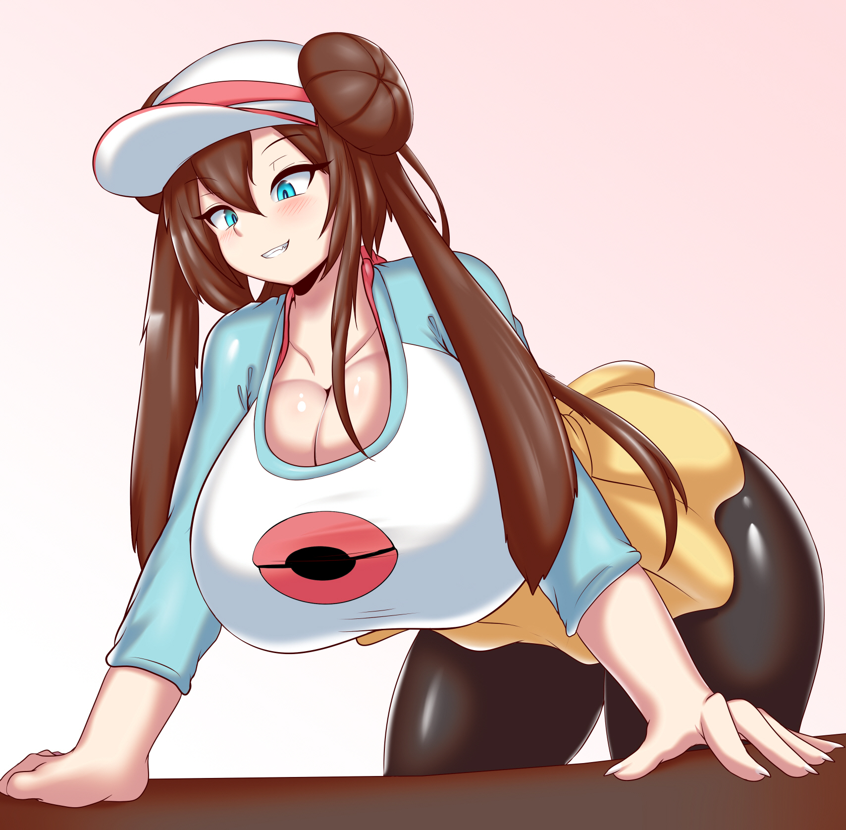 1girls, aged up, alternate breast size, aqua eyes, bent over, big breasts, black leggings, blue eyes, blush, breasts, breasts bigger than head, brown hair, cleavage, clothed, double bun, female, female only, fully clothed, grin, hanging breasts, hat, huge breasts, human, large breasts, leggings, long hair, nintendo, pantyhose, pink background, pokemon, pokemon bw2, rosa (pokemon), shiny skin, shirt, skirt, smile, solo, tailzkim, teeth, thick thighs, thigh, thigh gap, thighs, twintails, wide hips