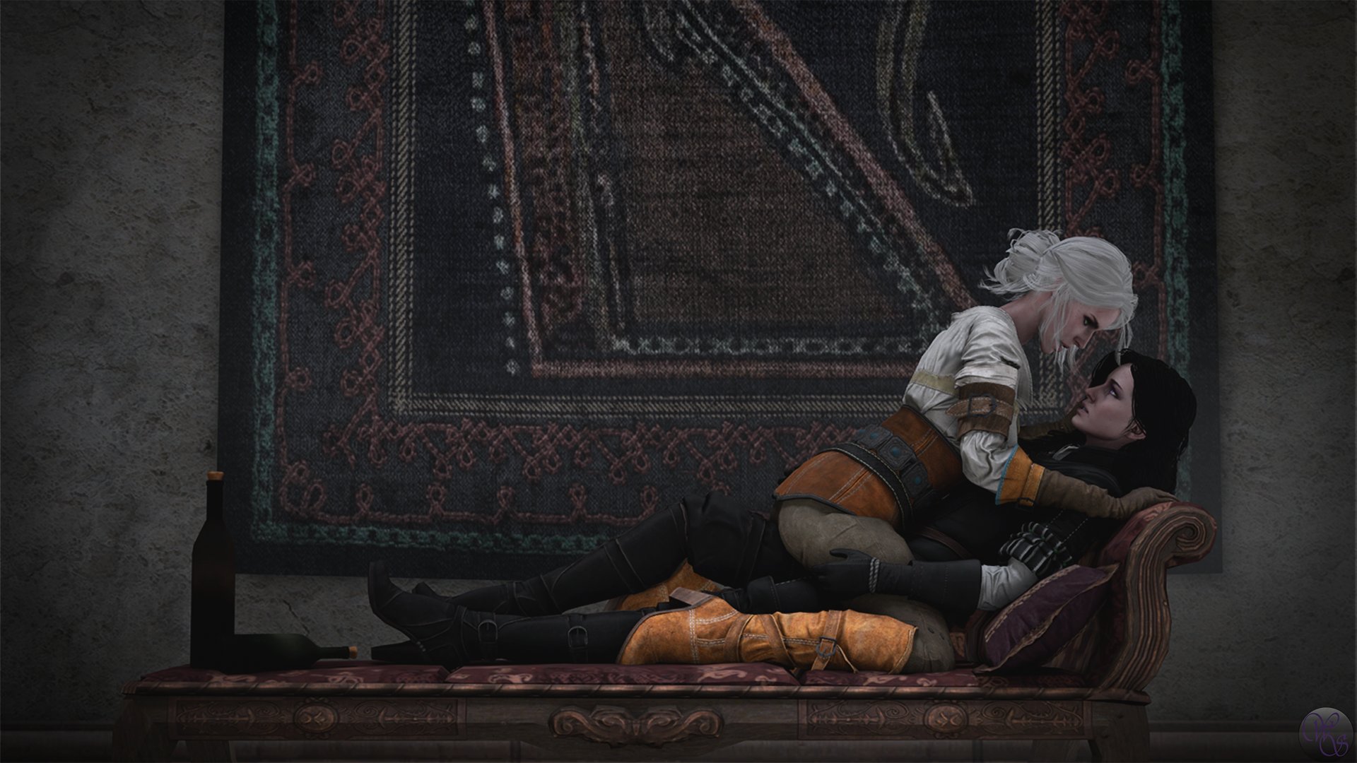 2girls, 3d, black gloves, boots, brown gloves, cd projekt red, chaise lounge, ciri, female, female only, gloves, high heel boots, high heels, laying, leather gloves, lighting, looking at another, shoes, the witcher, the witcher (series), the witcher 3: wild hunt, weebstank, yennefer