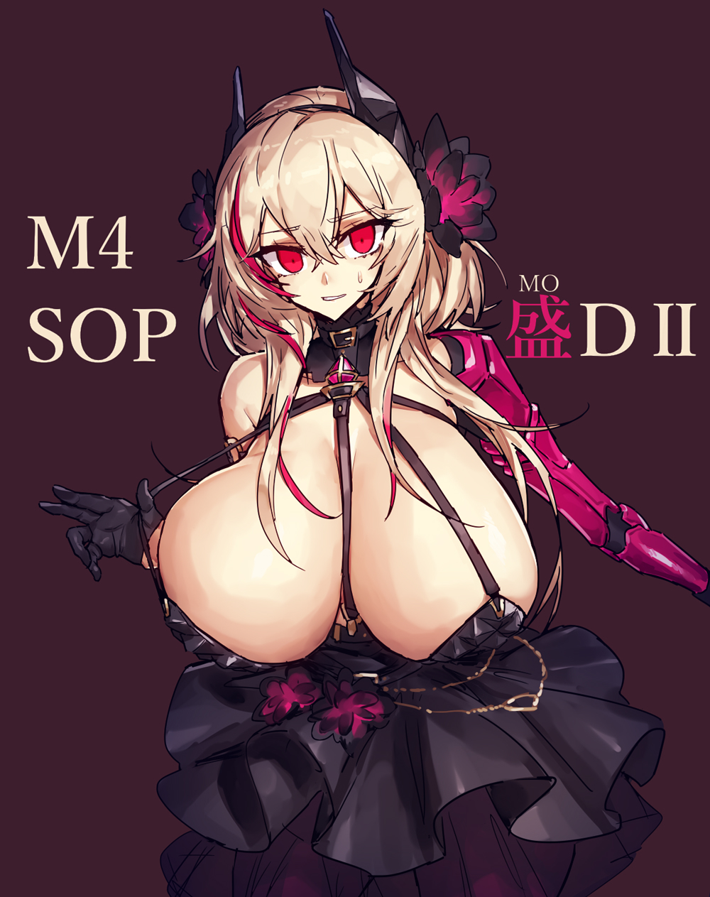 1girls, armor, blonde hair, breasts, choker, cleavage, dress, embarrassed, eye contact, female, girls' frontline, hair flower, hair ornament, huge breasts, large breasts, long hair, looking at viewer, m4 sopmod ii (girls' frontline), massive breasts, matching hair/eyes, melon22, red eyes, red hair, solo, solo female, solo focus, streaked hair, sweat, sweatdrop, top heavy