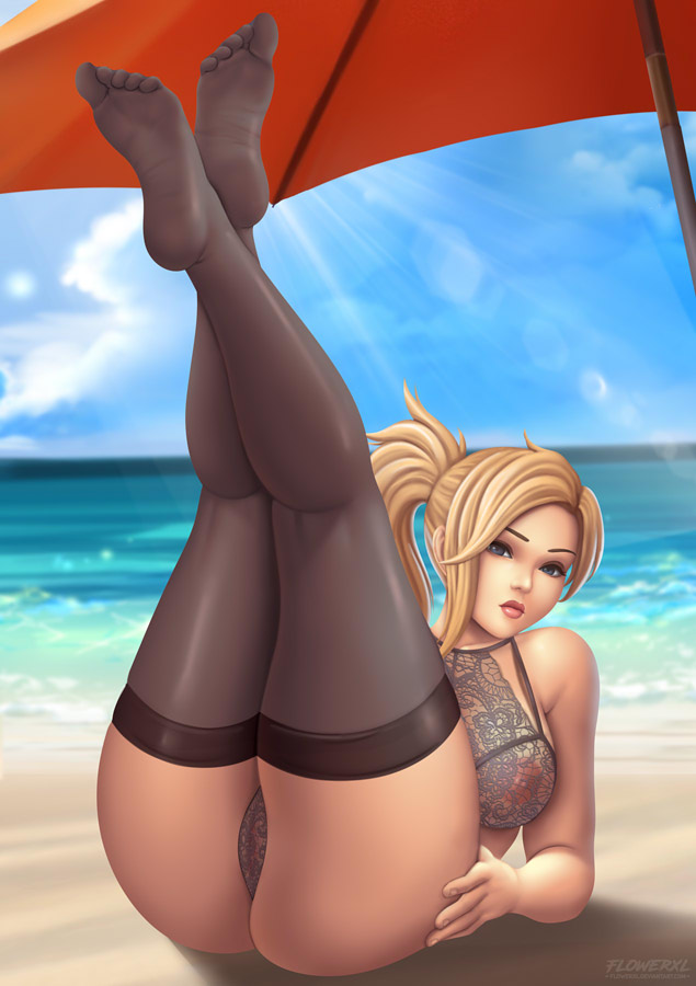 1girls, beach, big breasts, black lingerie, black stockings, breasts, female, female only, flowerxl, legs up, lingerie, mercy, nipples, nipples visible through clothing, overwatch, sheer, solo, solo female, solo focus, stockings, thong