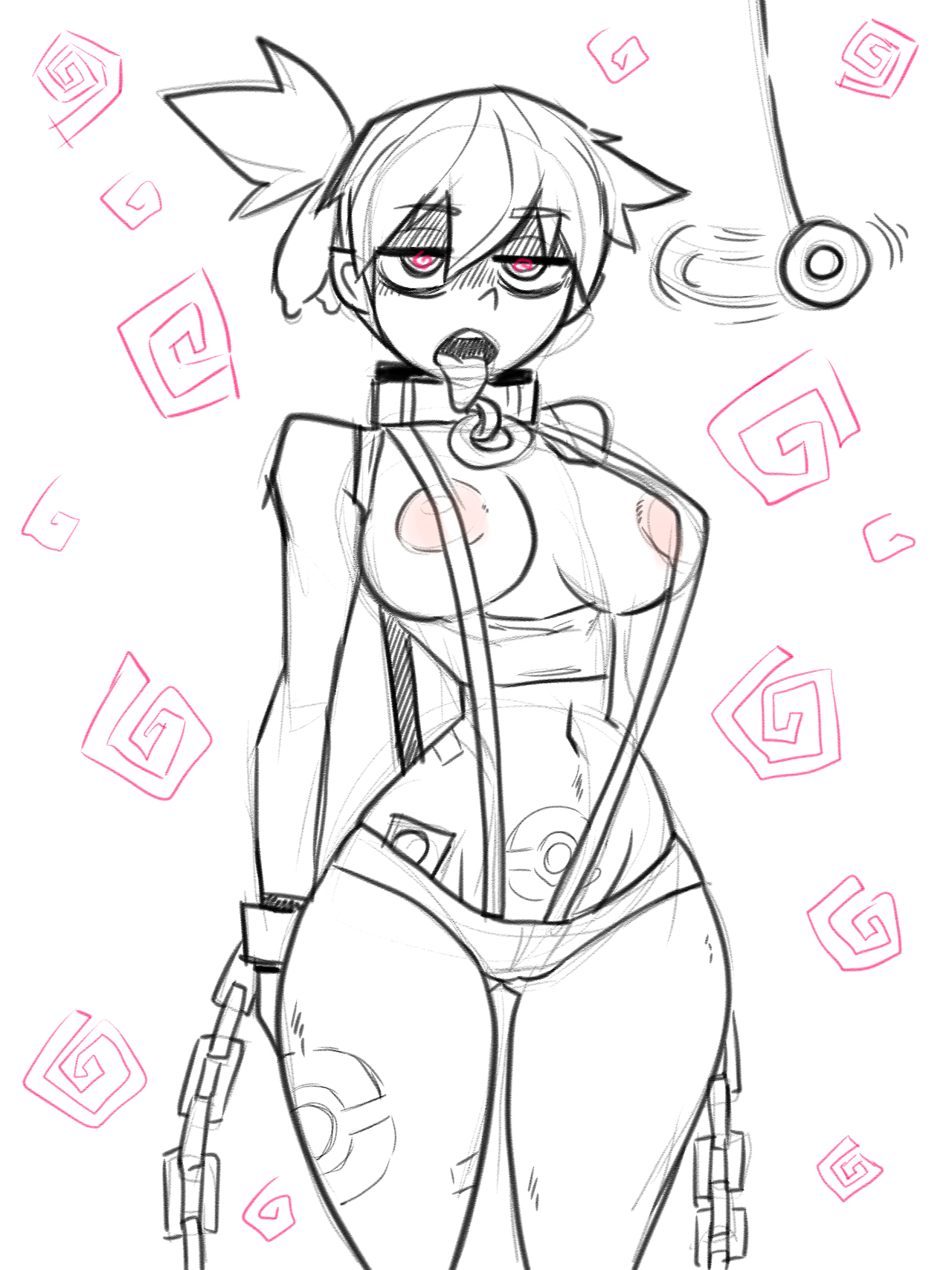 bondage, breasts, chains, coin, collar, condom, condom accessories, condom hair ornament, dazed, expressionless, female, female only, femsub, gerph, heart, human, hypno, hypnosis, kasumi (pokemon), large breasts, mind control, navel, nipples, open clothes, open mouth, pendulum, pokeball, pokemon, pokemon (species), ponytail, short hair, short shorts, side ponytail, sling bikini, spiral eyes, symbol in eyes, tank top, tattoo, tongue, tongue out, used condom