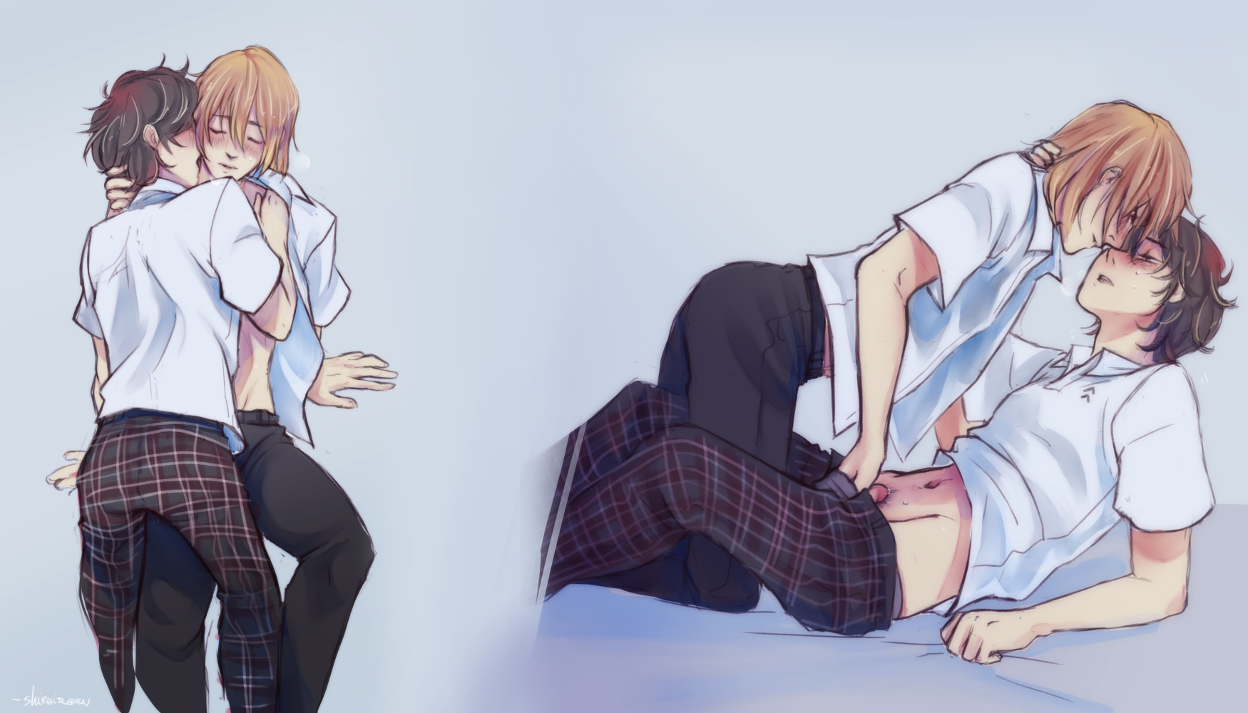 2boys, artist request, atlus, black eyes, black hair, blush, brown hair, clothed, clothing, gay, goro akechi, hand on head, hand on penis, joker (persona), kissing, kissing neck, looking at another, looking at partner, male, megami tensei, penis, persona, persona 5, ren amamiya, school uniform, short hair, student, sweat, tagme, yaoi