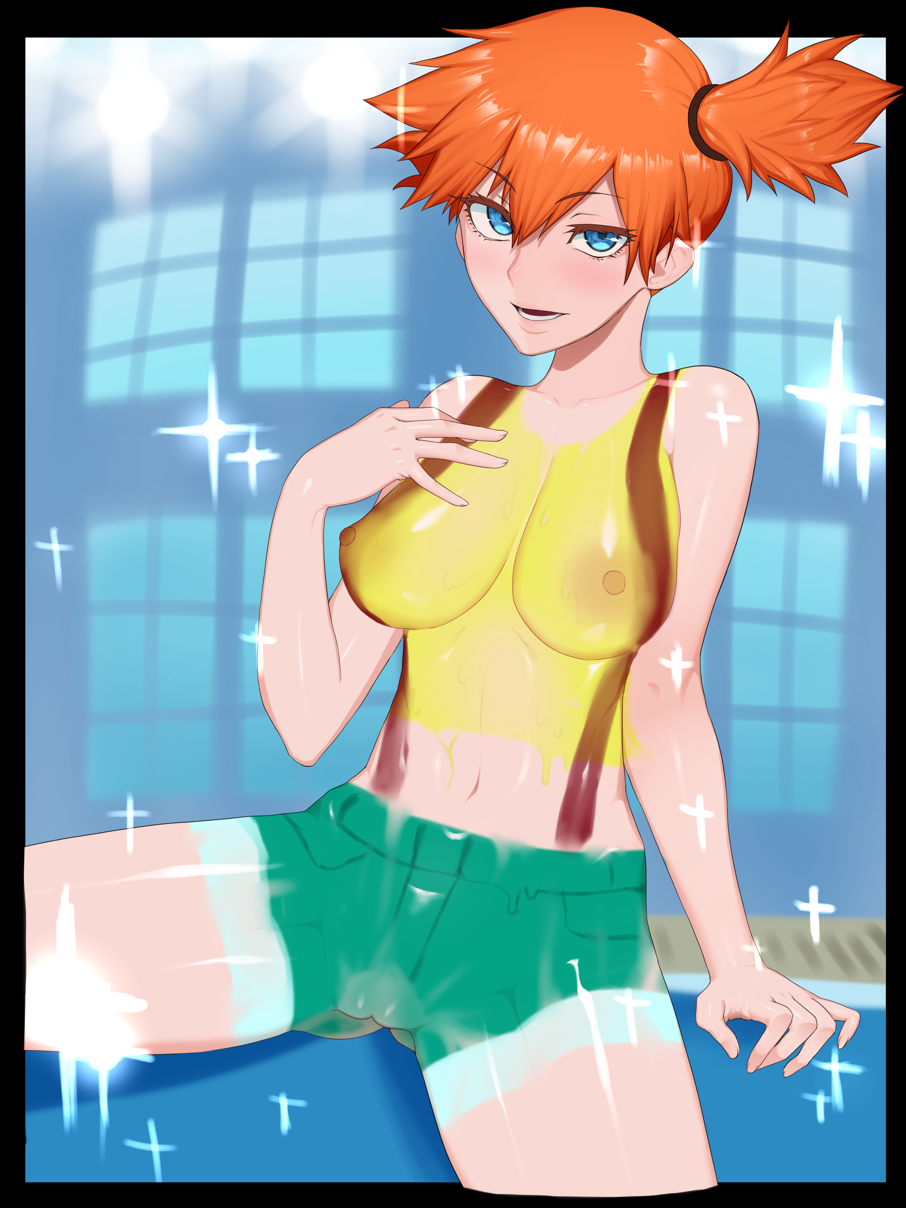 1girls, aged up, alternate breast size, big breasts, black border, blue background, blue eyes, blush, bodypaint, breasts, eye contact, female, female only, half-closed eyes, human, kasumi (pokemon), large breasts, looking at viewer, nintendo, nipples, nude, orange hair, painted clothes, pokemon, pokemon rgby, ponytail, pussy, short hair, side ponytail, smile, visible nipples, yesman