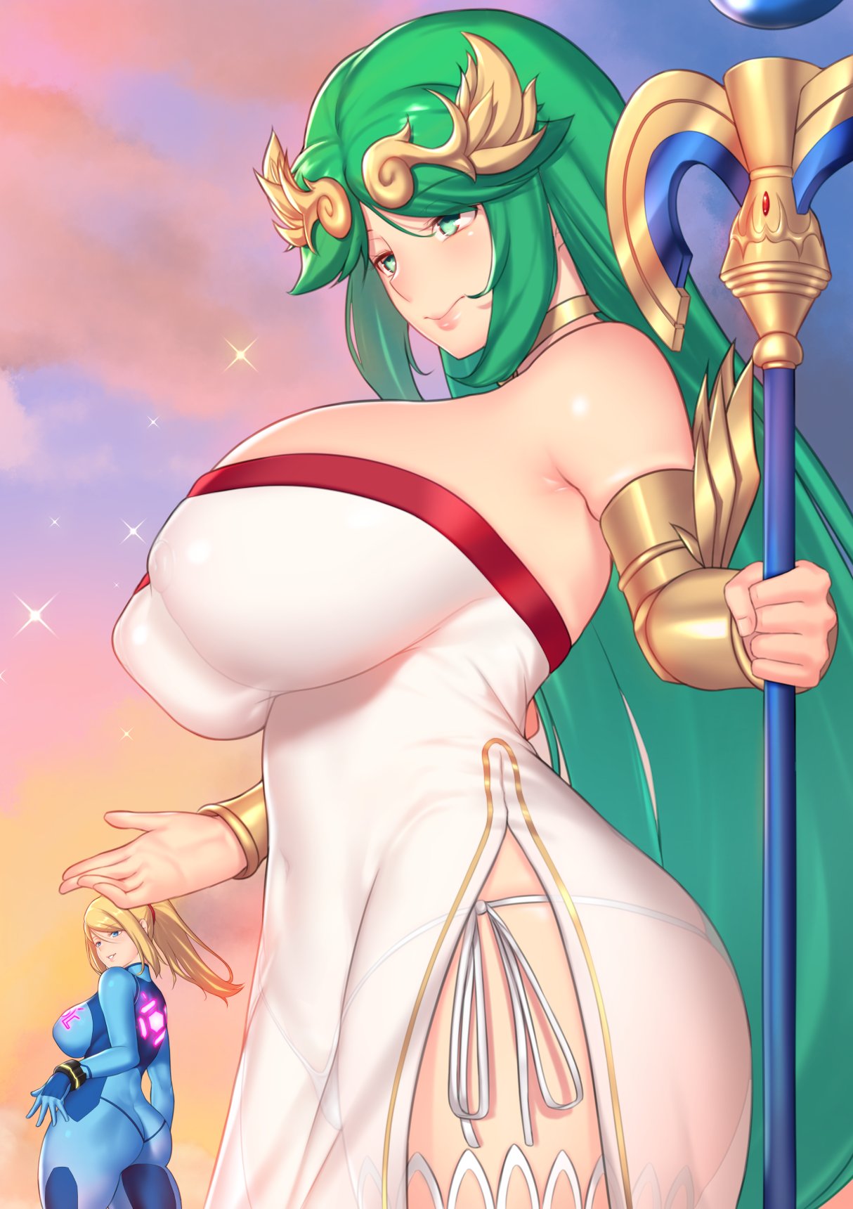 2girls, alternate breast size, ass, aster crowley, big ass, big breasts, blonde hair, blue eyes, bodysuit, breasts, bubble ass, bubble butt, female, female only, goddess, green eyes, green hair, hourglass figure, huge breasts, kid icarus, large breasts, long hair, mature female, metroid, multiple females, multiple girls, nintendo, nipples, palutena, samus aran, super smash bros., zero suit, zero suit samus