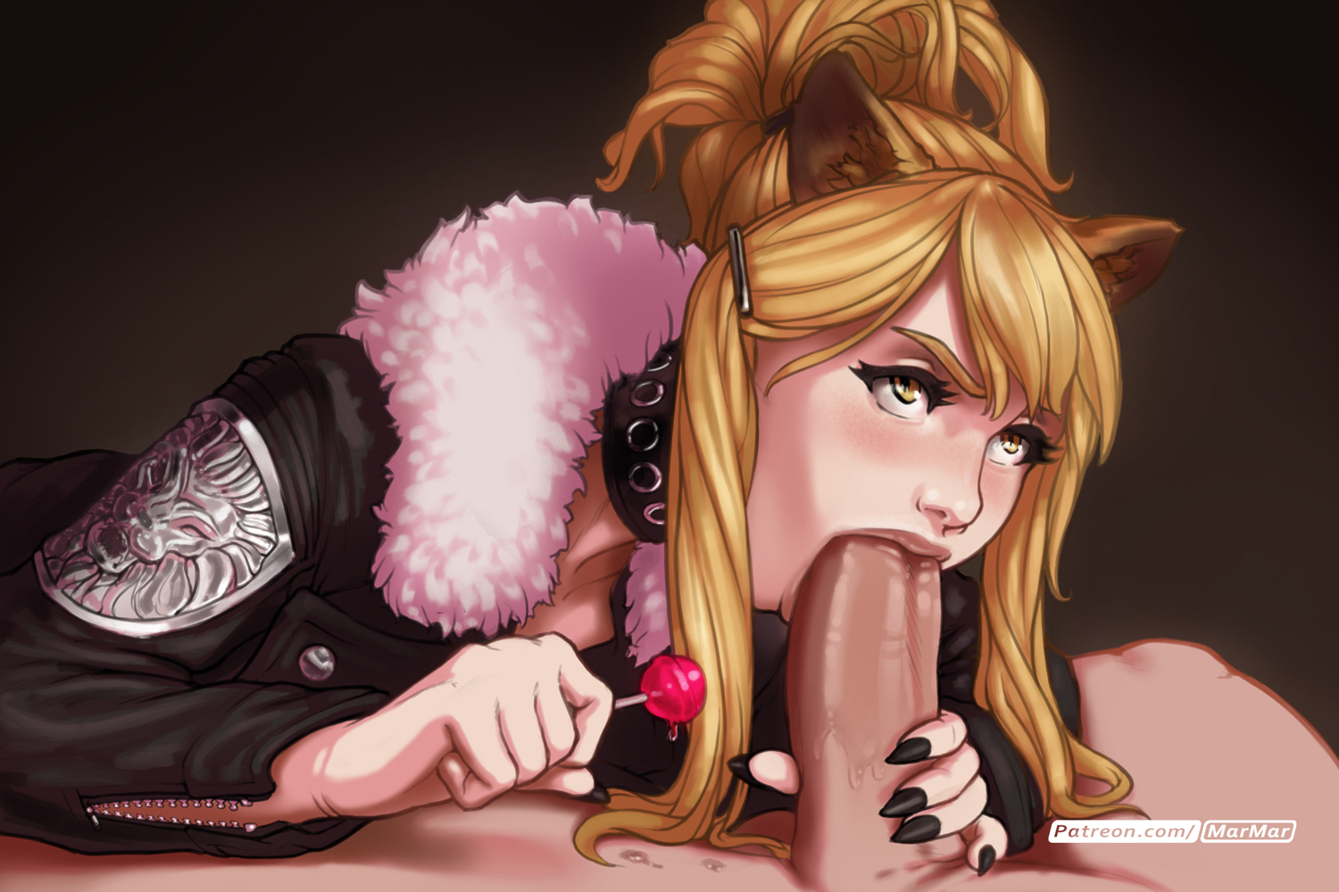 animal ears, arknights, big penis, black nail polish, black nails, blonde hair, blowjob, collar, deepthroat mark, eye contact, fellatio, hairpin, jacket, light skin, light-skinned male, lion ears, lollipop, male, marmar, nail polish, naughty face, oral, penis, saliva, saliva trail, seductive mouth, sharp nails, siege (arknights), sucking, yellow eyes