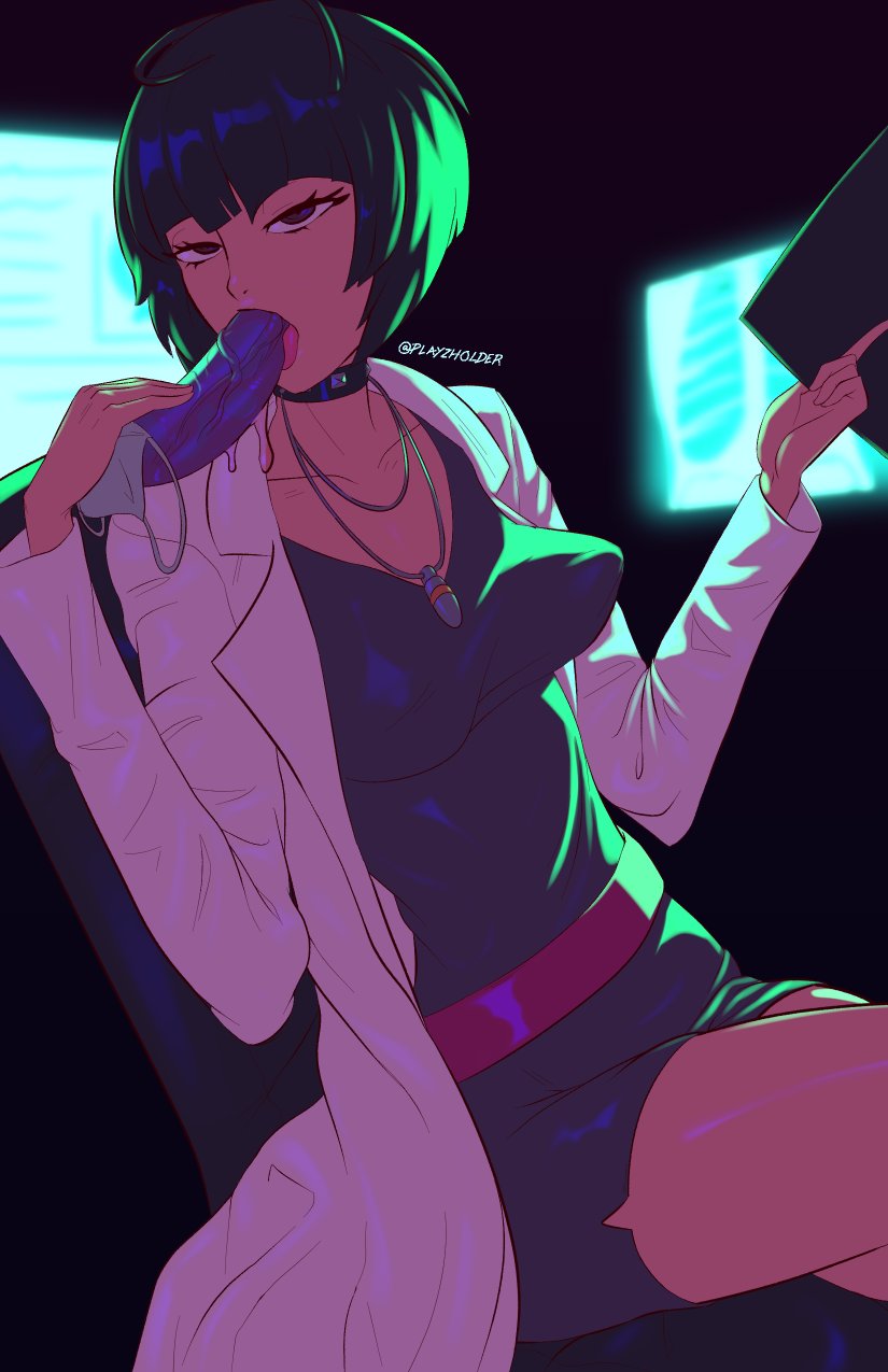 1girls, black hair, collar, dildo, dildo mask, face mask, female, goth, looking at viewer, mask, necklace, persona, persona 5, playzholder, solo, tae takemi, tongue