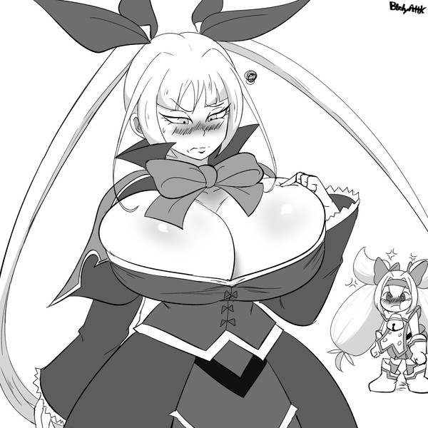 2girls aged_up alternate_breast_size anger_vein angry artist_name big_breasts blazblue blush bodyattk bowtie breast_envy breasts cleavage female huge_breasts long_hair monochrome multiple_girls platinum_the_trinity rachel_alucard ribbon seductive simple_background thin_waist white_background