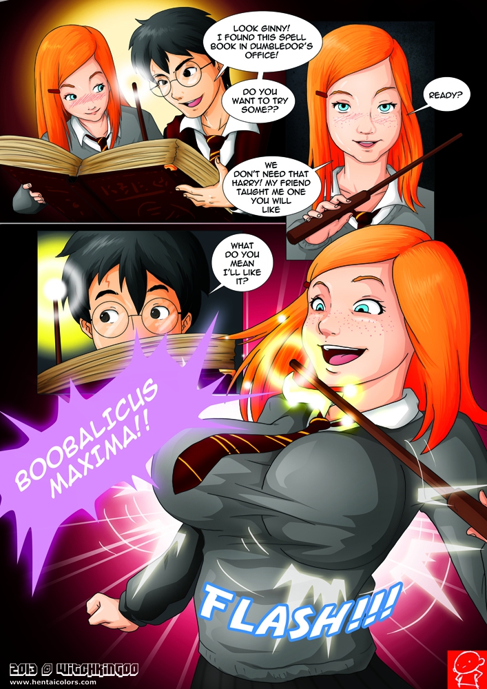 1boy, 1girls, 2013, artist logo, artist name, big breasts, black hair, blue eyes, blush, book, breast expansion, breast growth, breast growth (enlargement), breasts, brooch, canon couple, clothed, clothing, comic, dialogue, english text, expansion, female, freckles, ginny weasley, glasses, gryffindor, gryffindor tie, harry james potter, harry potter, made-up spell, magic, male, medium hair, orange hair, school uniform, simple background, smile, sound effects, speech bubble, teenager, text, tie, wand, witch (harry potter), witchking00