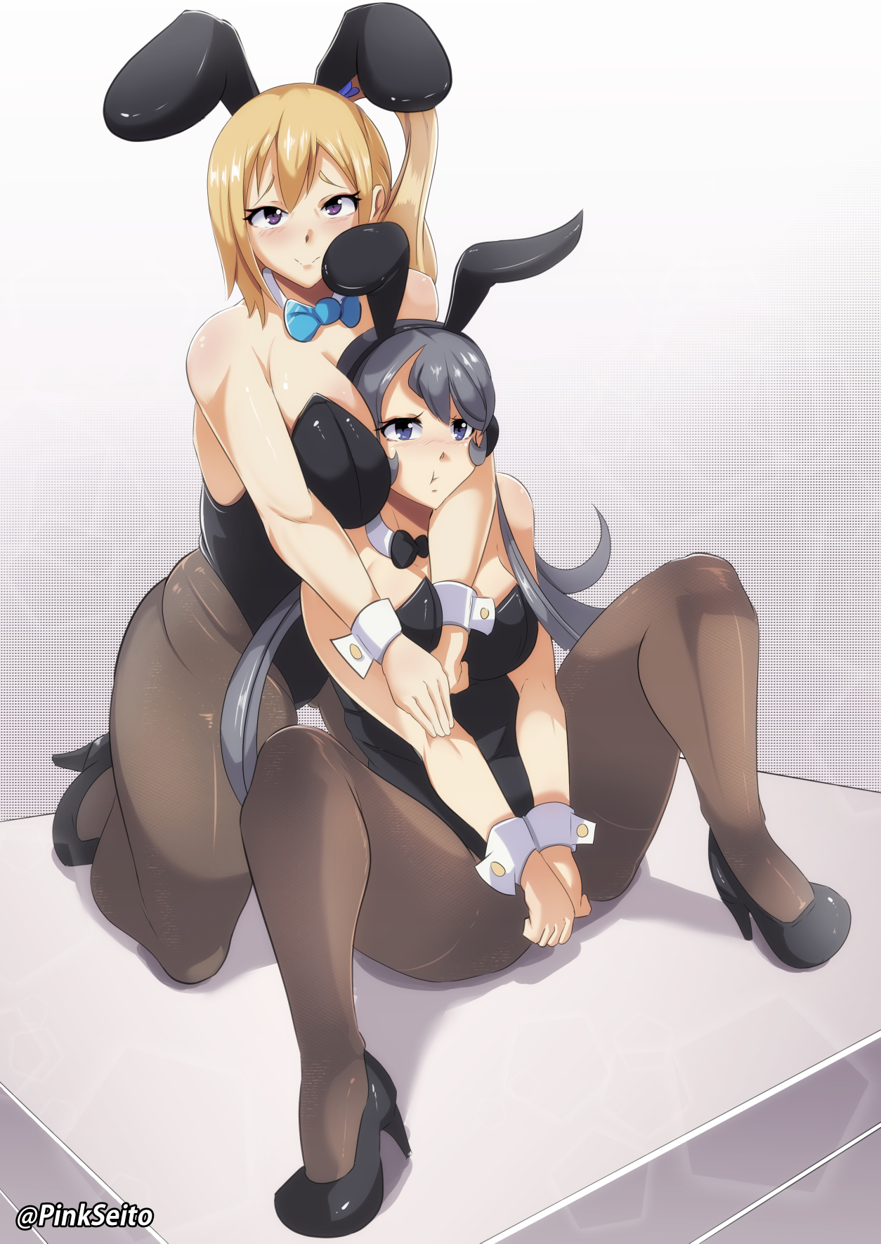 2girls, black hair, blonde hair, bunny ears, bunny girl, bunnysuit, female, female only, high heels, kawakami mai, long hair, multiple females, multiple girls, musaigen no phantom world, pinkseito, ponytail, purple eyes, sakurajima mai, seishun buta yarou wa bunny girl senpai no yume wo minai