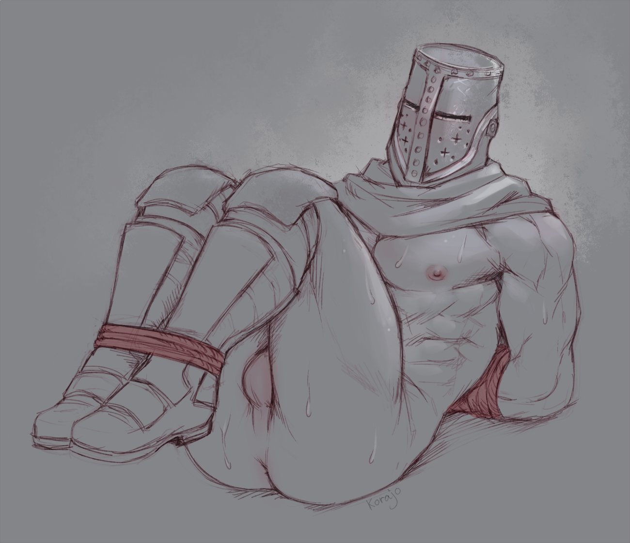 1boy, armor, arms behind back, arms tied, arms tied behind back, balls, bondage, boots, bound, cathedral knight, dark souls, dark souls 3, fromsoftware, full body, helmet, knight, kora-jo, male, male only, mostly nude, muscular, on back, partially clothed, restrained, restricted palette, rope, scarf, solo, sweat