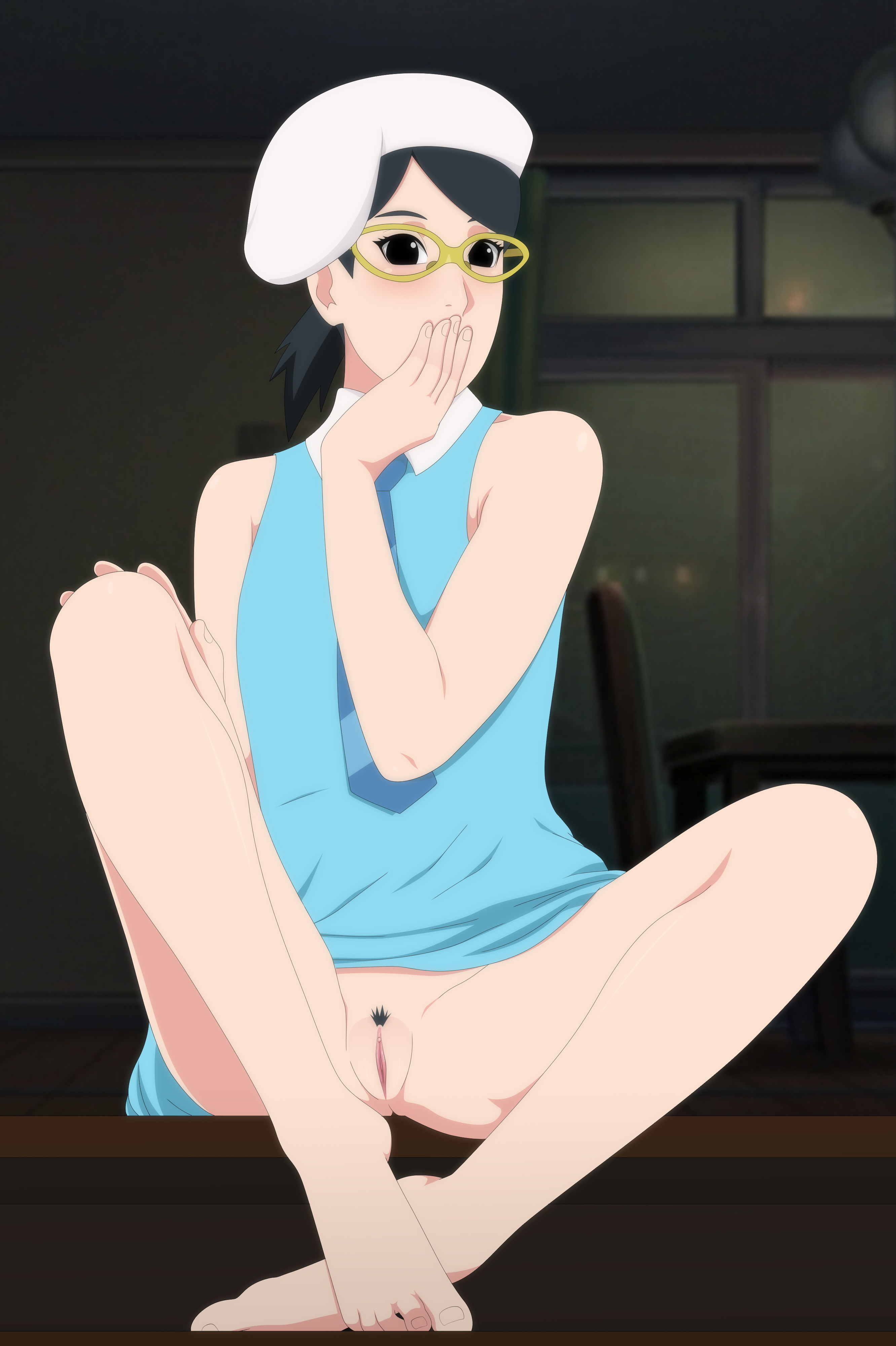 1girls, alternate costume, alternate hairstyle, barefoot, beret, black eyes, black hair, blush, boruto: naruto next generations, clothing, covering mouth, darkalx, feet, female, female only, female pubic hair, glasses, hat, looking at viewer, naruto, naruto (series), no panties, ponytail, pussy, sarada uchiha, sitting, solo, tied hair, vagina