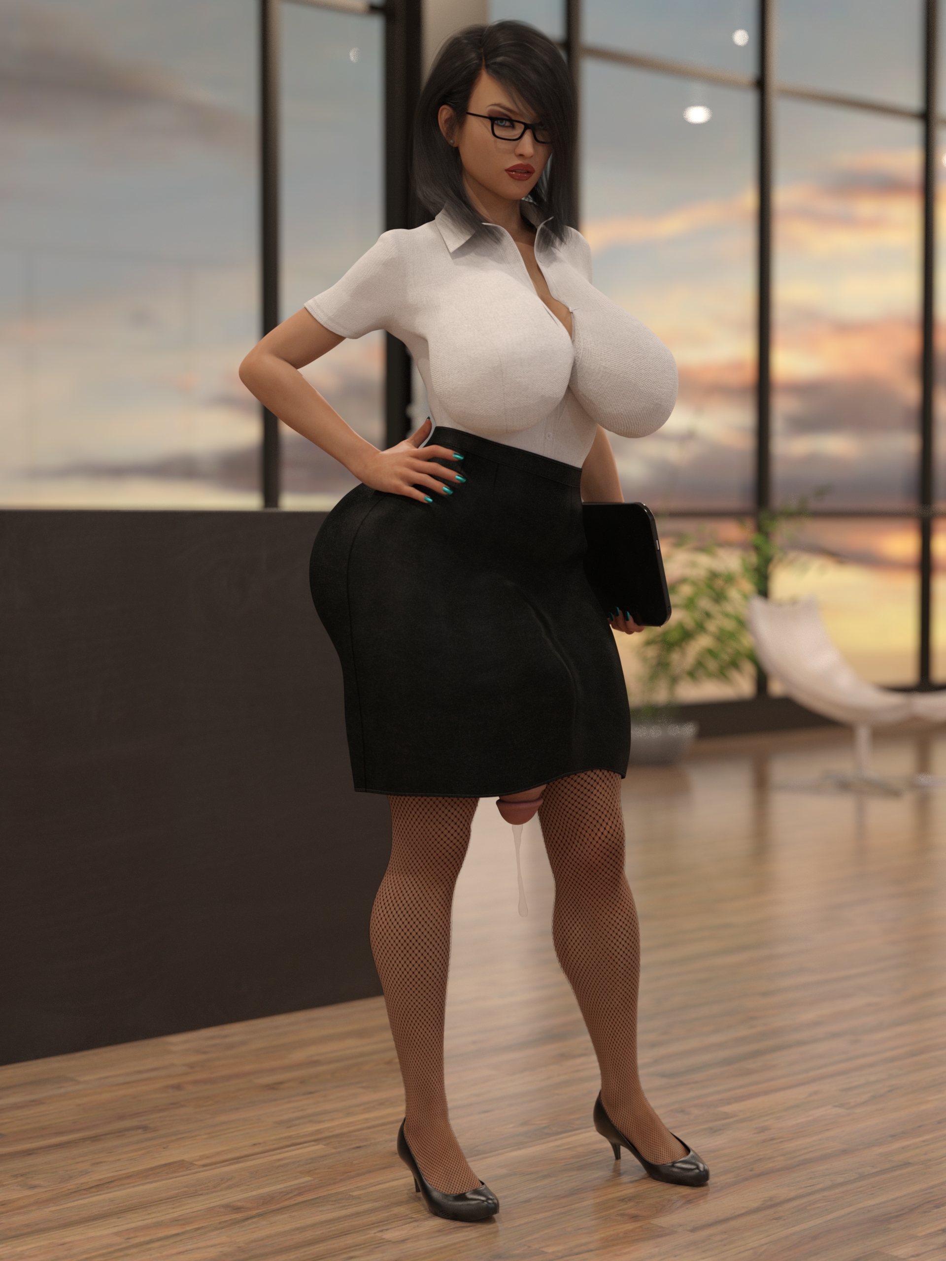 1futa, 3d, bottomless skirt, breasts, cameltail, cleavage, dripping cum, fishnets, flaccid, futa only, futanari, glasses, hand on hip, hi res, high heels, huge breasts, hyper, hyper penis, intersex, looking at viewer, office, penis, penis bulge, penis out, penis under clothes, penis under skirt, precum, precum drip, sgtbuck, skirt, skirt lift, standing, wide hips