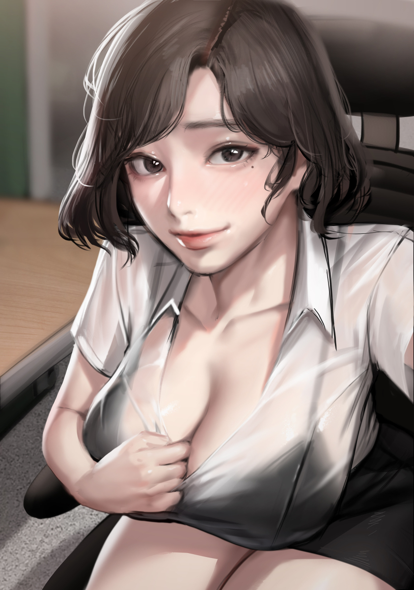 1girls, big breasts, black skirt, blouse, breasts, business suit, business woman, cleavage, dress shirt, female, female only, kidmo, large breasts, looking at viewer, miniskirt, office, office lady, pencil skirt, skirt, skirt suit, solo, tight skirt, white blouse, white shirt