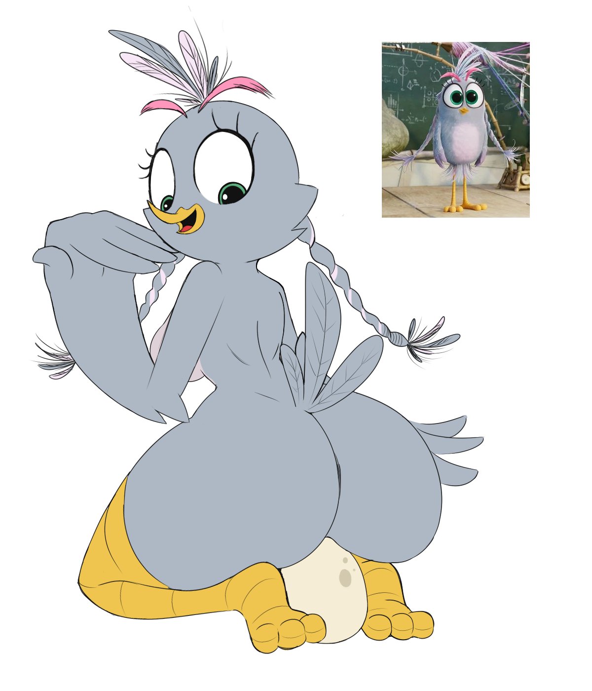 1girls, angry birds, anthro, ass, avian, avian humanoid, big ass, bird, breasts, egg, egg laying, fat ass, female, grey feathers, scrabble007, silver (angry birds), sitting, the angry birds movie