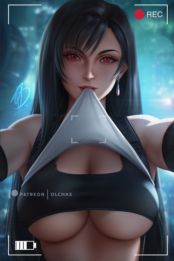 1girls, black hair, breasts, cleavage, clothed, earrings, female, female only, final fantasy, final fantasy vii, large breasts, looking at viewer, olchas, recording, red eyes, shirt in mouth, shirt lift, solo, sports bra, tifa lockhart, underboob