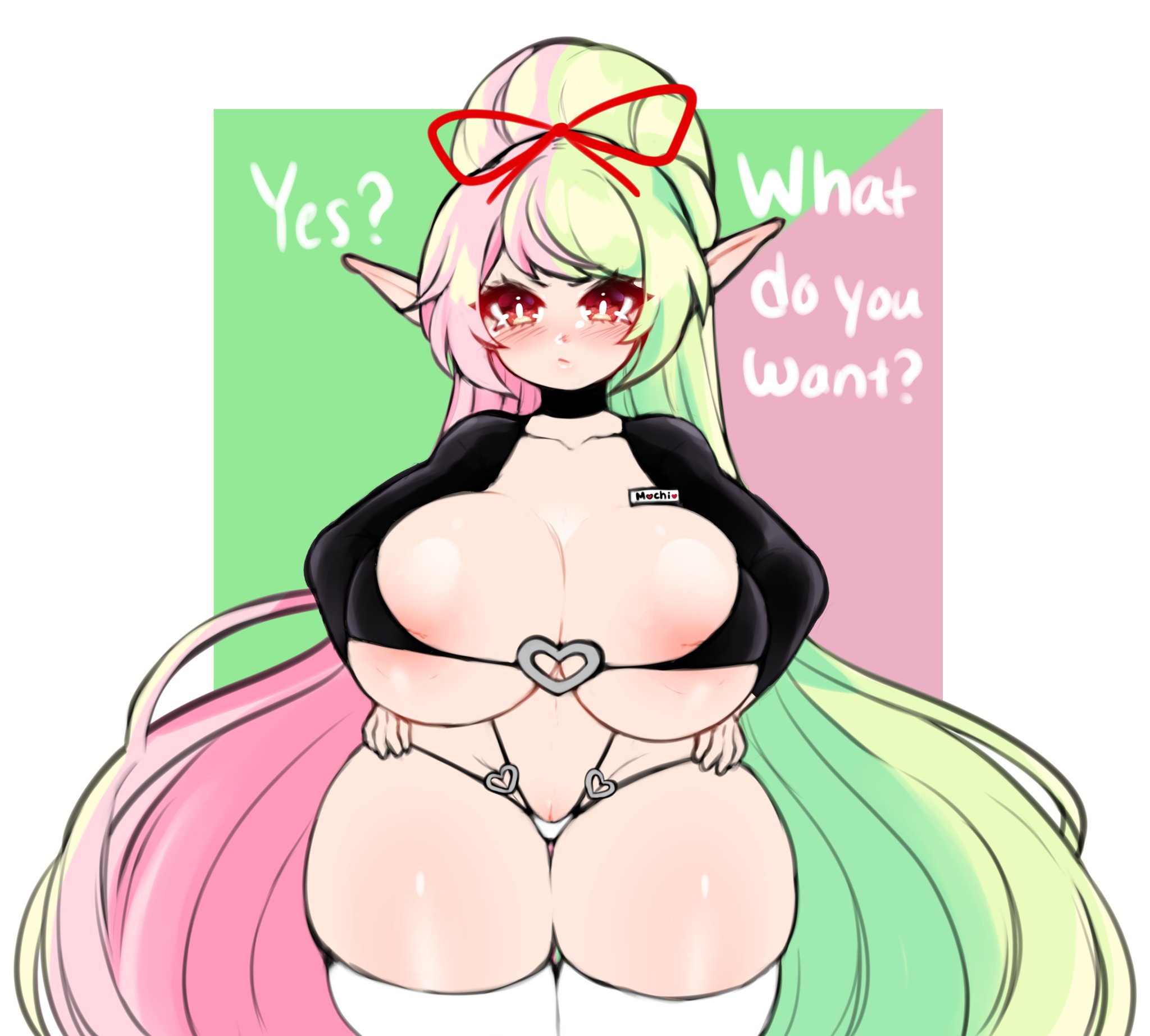 1girls, 2020, areolae, big breasts, breasts, choker, clothed, clothing, english text, female, female only, hands on hips, jojoniumart, long hair, looking at viewer, mochi (jojoniumart), name tag, pointy ears, red eyes, shortstack, simple background, skimpy, solo, thick thighs, thighs, two-tone hair, very long hair, waitress, white background