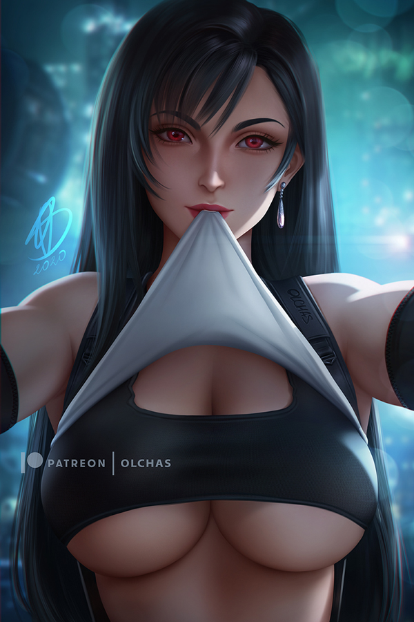 1girls, black hair, breasts, cleavage, clothed, earrings, female, female only, final fantasy, final fantasy vii, large breasts, looking at viewer, olchas, recording, red eyes, shirt in mouth, shirt lift, solo, sports bra, tifa lockhart, underboob