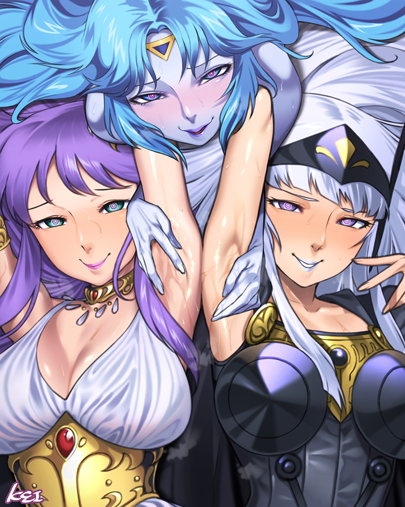 3girls 555carpaccio armor armpits athena_(saint_seiya) big_breasts blush breasts cleavage divine_slut dress eris_(saint_seiya) female ghost_saints god_warriors goddess light-skinned_female light_skin lipstick long_hair polaris_hilda purple_hair saint_seiya saori_kido shounen_jump smile trio villainess white_hair