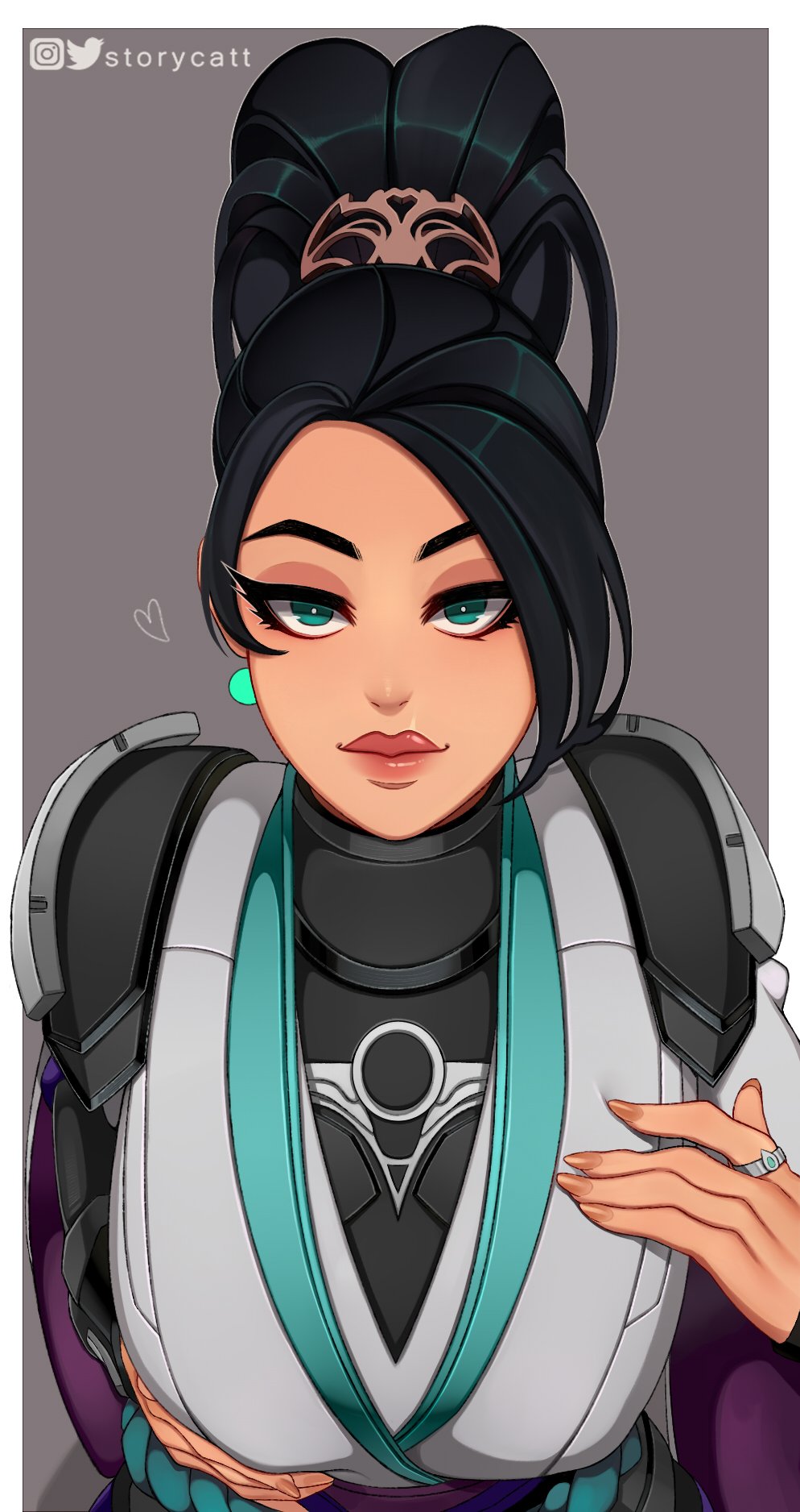 1girls, big breasts, black hair, breasts, female, female only, green eyes, looking at viewer, ponytail, riot games, sage (valorant), storycatt, valorant, video game character