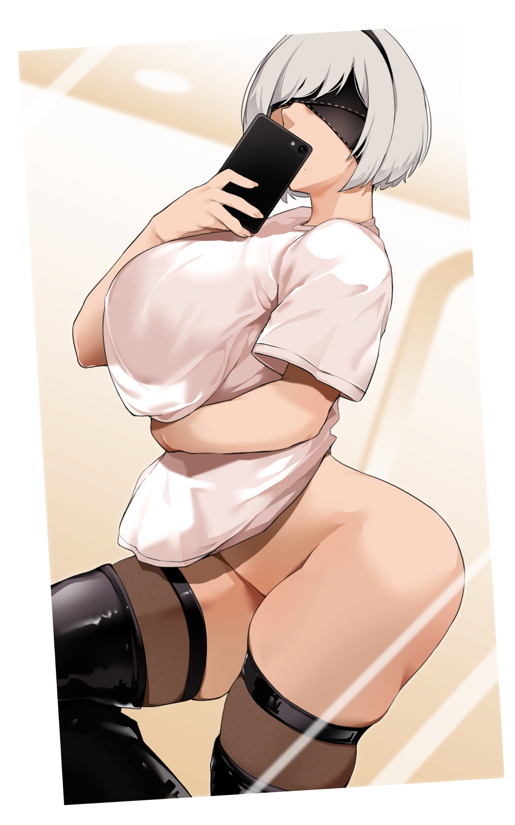 android, bakkanki, big breasts, blindfold, breasts, female, female only, nier, nier: automata, short hair, skindentation, solo, solo female, solo focus, white hair, yorha 2b
