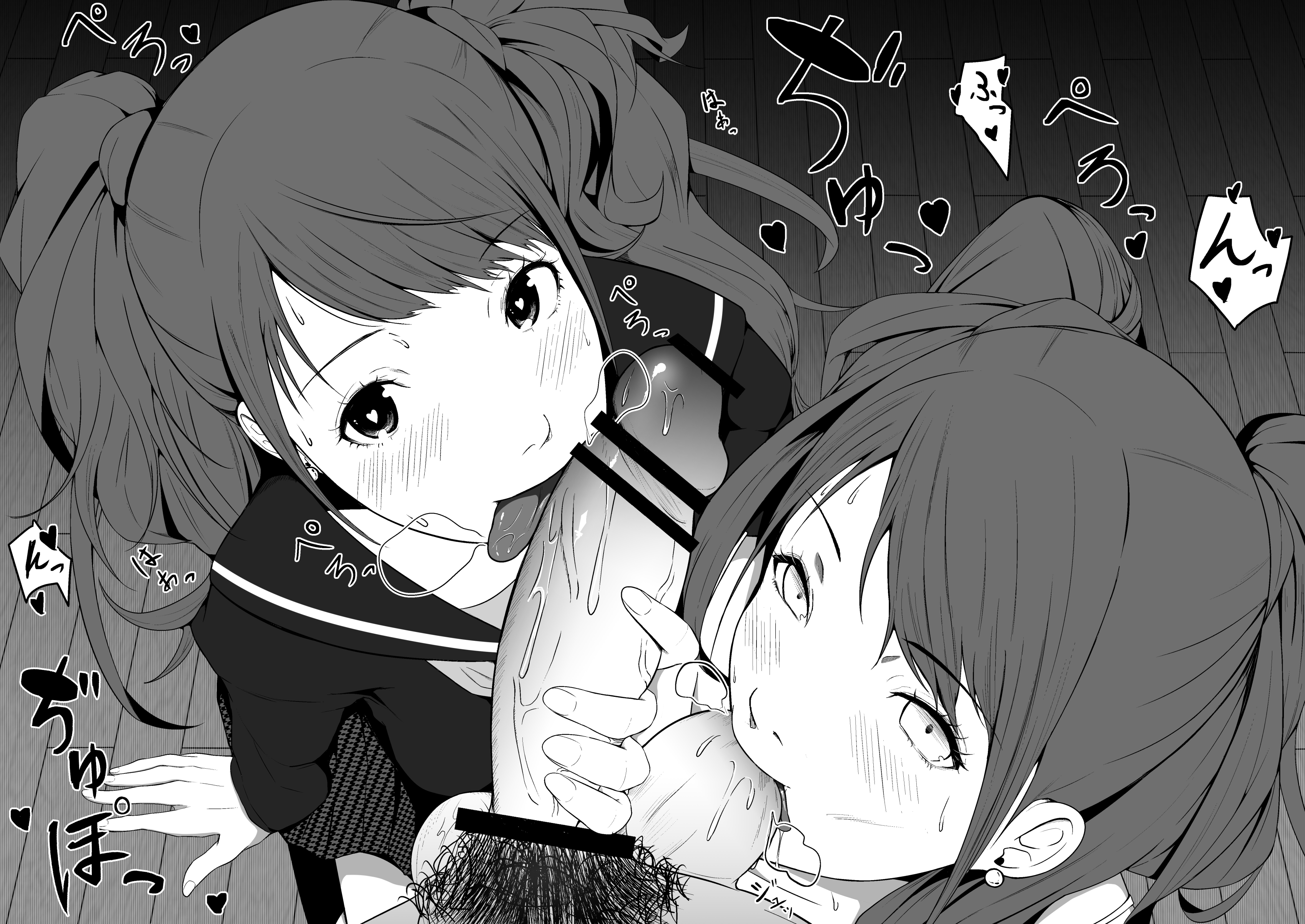 1boy, 2girls, atlus, balls, balls sucking, blush, clothed female nude male, collaborative fellatio, eye contact, fellatio, female, handjob, heart-shaped pupils, kujikawa rise, looking at viewer, male, male pov, monochrome, oral, persona, persona 4, pov, school uniform, shadow rise, shadow self (persona), sweat, yuyu yoshida