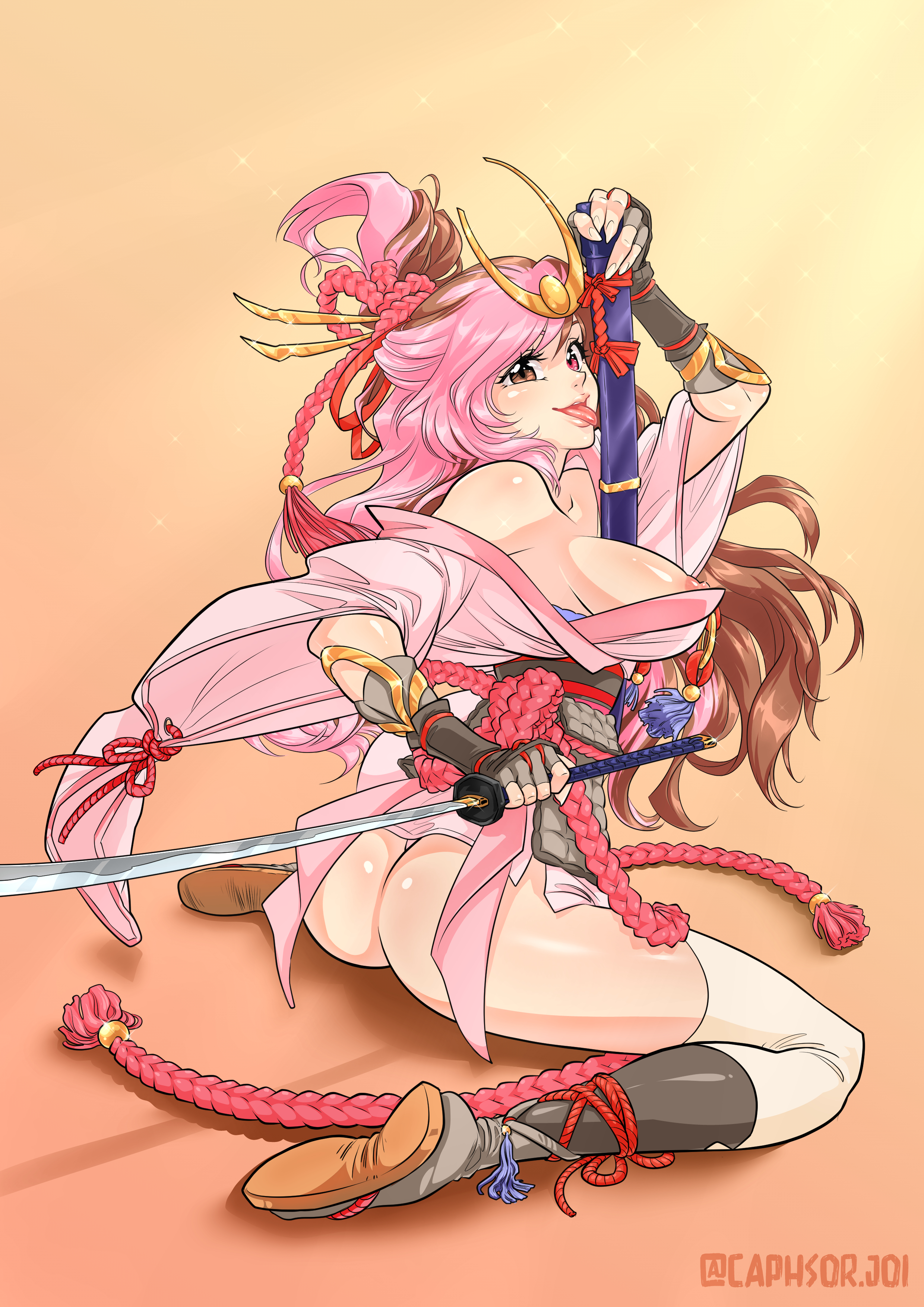 female, multicolored hair, neo (rwby), rwby, samurai, spookiepoopie, sword, tongue, tongue out