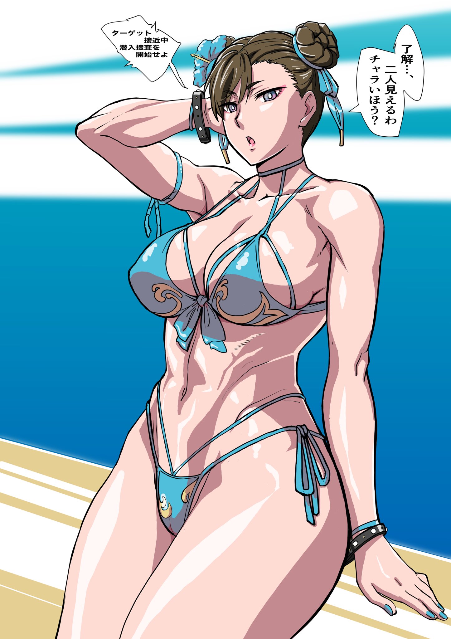 big breasts, bikini, breasts, brown hair, chun-li, female, female only, long hair, makinaru, mature female, solo, solo female, solo focus, street fighter