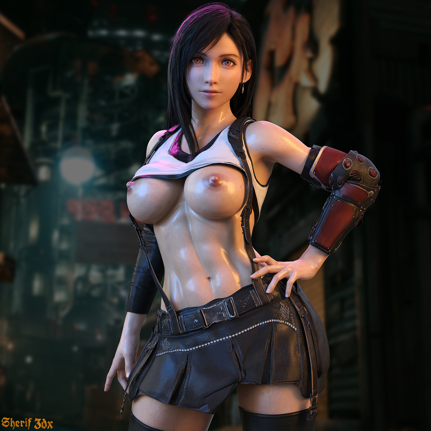 1girls, 3d, abs, areolae, breasts, female, female only, final fantasy, final fantasy vii, final fantasy vii remake, hand on hip, looking at viewer, nipples, nordfantasy, solo, solo female, square enix, tifa lockhart