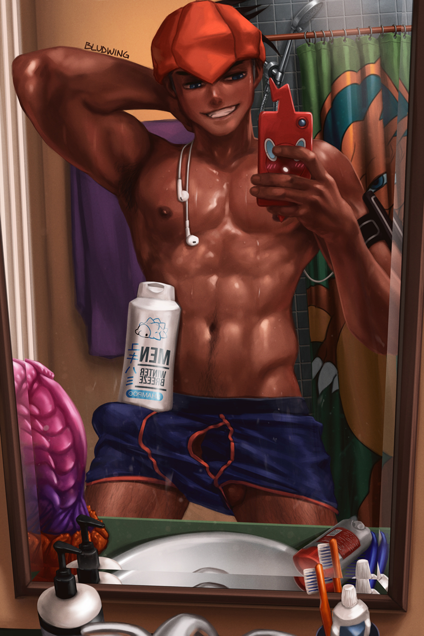 1boy 1male abs alternate_outfit armpit_hair armpits bara bathroom biceps big_bulge big_penis bludwing body_hair bulge camera camera_phone dark-skinned_male dark_skin dildo earphones erect_penis erection_under_clothes eye_contact gay half-closed_eyes human looking_at_viewer male male_focus male_only mirror mirror_selfie muscle muscles muscular muscular_male nintendo nipples pecs penis phone pokemon pokemon_dppt pokemon_ss presenting presenting_penis raihan_(pokemon) rotom rotom_phone selfie shampoo_bottle shampoo_challenge source_request sweat sweatdrop sweaty taking_picture text topless underwear underwear_only watermark yaoi