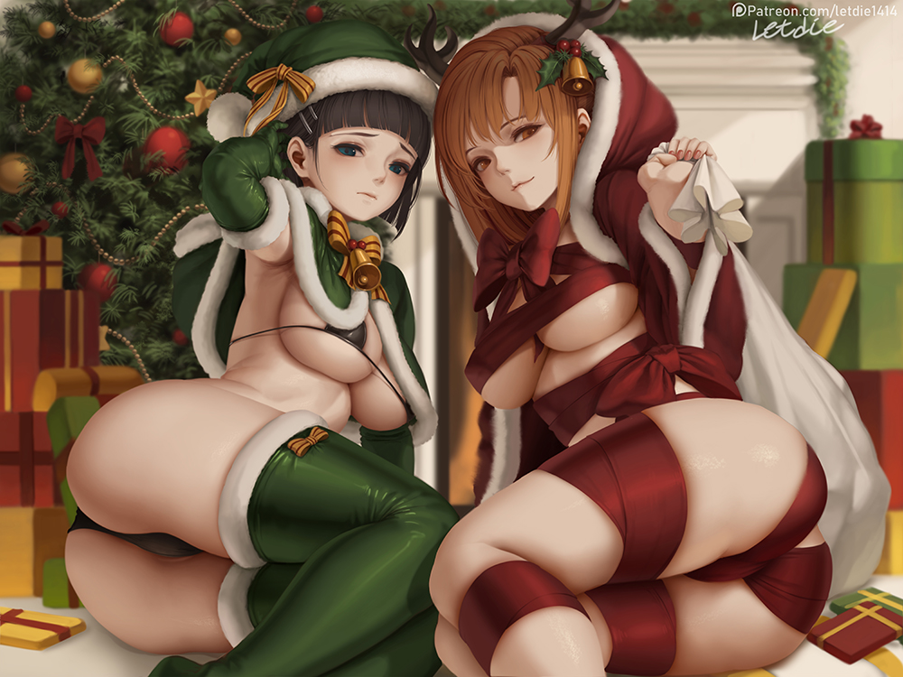 2girls, areolae, armpits, ass, big breasts, black hair, black panties, blue eyes, blush, breasts, brown eyes, brown hair, christmas, christmas outfit, christmas tree, female, gift, gift box, green legwear, hat, kirigaya suguha, large breasts, legwear, letdie1414, looking at viewer, panties, partially clothed, patreon, patreon username, realistic, stockings, sword art online, underwear, url, yuuki asuna