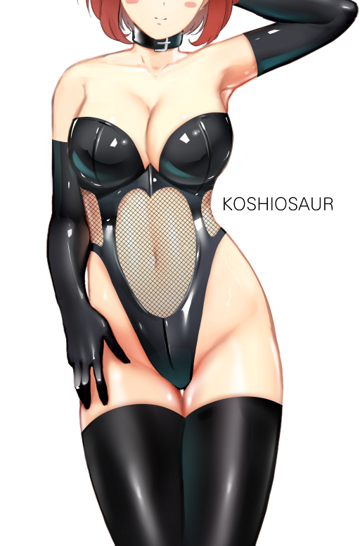 armwear, big breasts, breasts, brown hair, cleavage, elbow gloves, female, female only, gloves, koshiosaur, latex, latex gloves, latex suit, leather, leather gloves, leotard, long gloves, my hero academia, ochako uraraka, short hair, skimpy, solo, solo female, solo focus, thighhighs