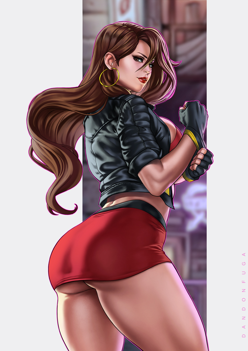 1girls, ass, big ass, blaze fielding, breasts, brown eyes, brown hair, dandon fuga, female, female only, jacket, long hair, looking at viewer, looking back, miniskirt, sega, skirt, solo, streets of rage, streets of rage 4