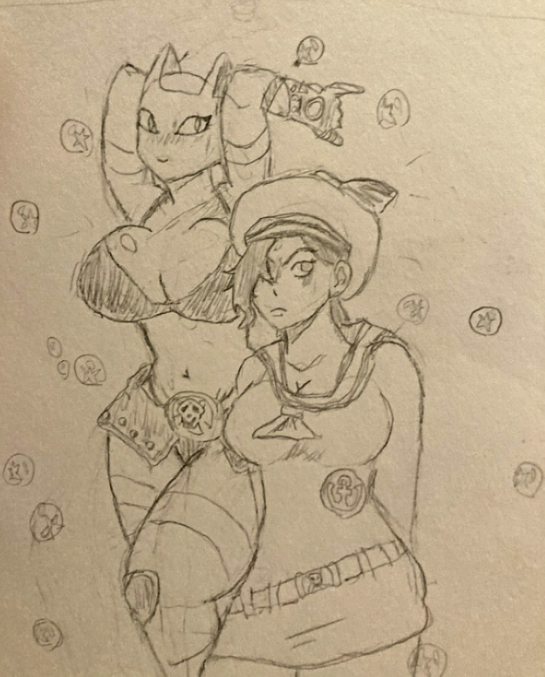 2girls big_breasts black_and_white black_bra black_hair breasts female female_only human jojo's_bizarre_adventure jojolion killer_queen lambb rule_63 stand_(jjba) thick_thighs traditional_media_(artwork) yoshikage_kira_(jojolion)