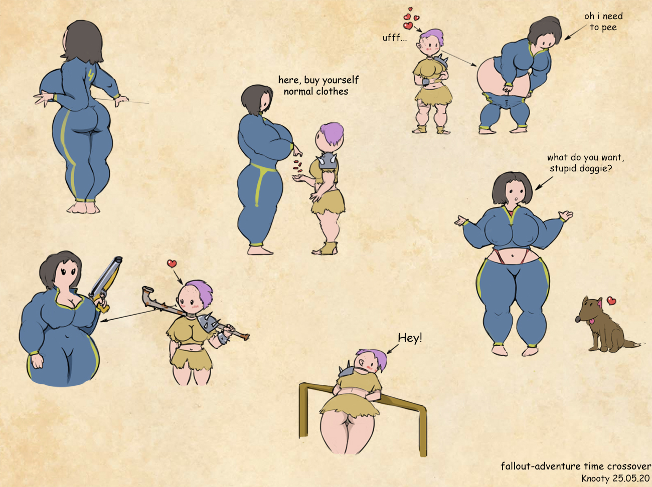 1boy, 2020, 2girls, ass, back, bbw, big ass, big breasts, big muscles, bodysuit, bottomless, breasts, brown background, brown hair, canine, character request, chubby, cleavage, clothed, clothing, dated, dogmeat, english text, fallout, female, feral, firearm, furry, gun, heart, huge breasts, jumpsuit, knooty, large ass, large breasts, larger female, looking back, male, milf, muscles, no source, original character, pink hair, pose, raider (fallout), size difference, sketch, smaller female, solid eyes, source request, text, thick thighs, vault suit, watermark, weapon, wide hips, yuri