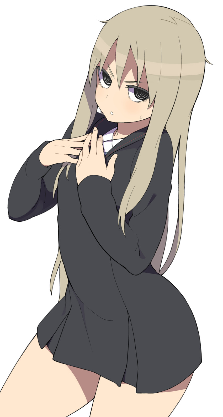 @_@ accio bangs black_dress black_eyes brown_eyes cowboy_shot dress female hair_between_eyes hands_on_own_chest hands_up highres human long_hair long_sleeves looking_at_viewer original parted_lips short_dress simple_background solo sweatdrop thighs white_background