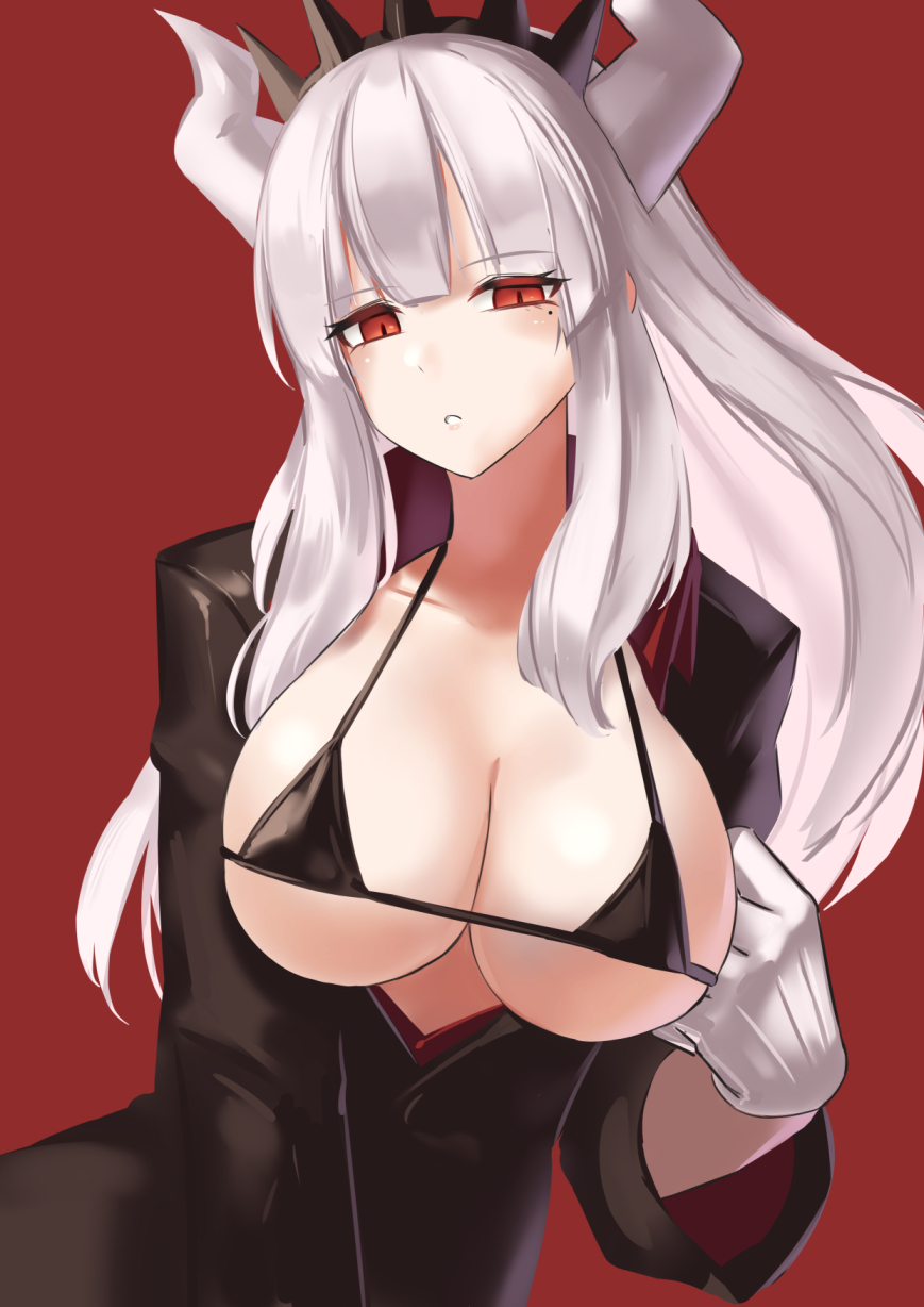 1girls, 2020, bikini, bikini top, black bikini, black jacket, breasts, cleavage, demon, demon girl, demon horns, eyebrows visible through hair, female, female only, gloves, hair ornament, half-closed eyes, helltaker, highres, horns, jacket, large breasts, long hair, looking at viewer, lucifer (helltaker), mole, mole under eye, moroes, open clothes, open jacket, open mouth, presenting, red background, red eyes, simple background, solo, suit, swimsuit, upper body, white gloves, white hair