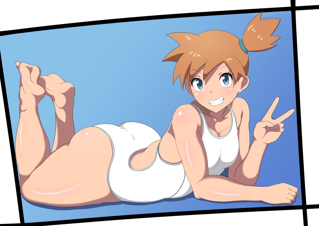 1girls, ass, ass crack, barefoot, big ass, blue eyes, breasts, butt crack, chubby, eye contact, feet, female, hair ribbon, huge ass, huge thighs, human, human only, kasumi (pokemon), light skin, light-skinned female, looking at viewer, misty (pokemon), nintendo, orange hair, oryuto, pale skin, pale-skinned female, pokemon, pokemon rgby, small breasts, smile, soles, swimsuit, thick thighs, thighs, tight clothing, toes, voluptuous, wide hips