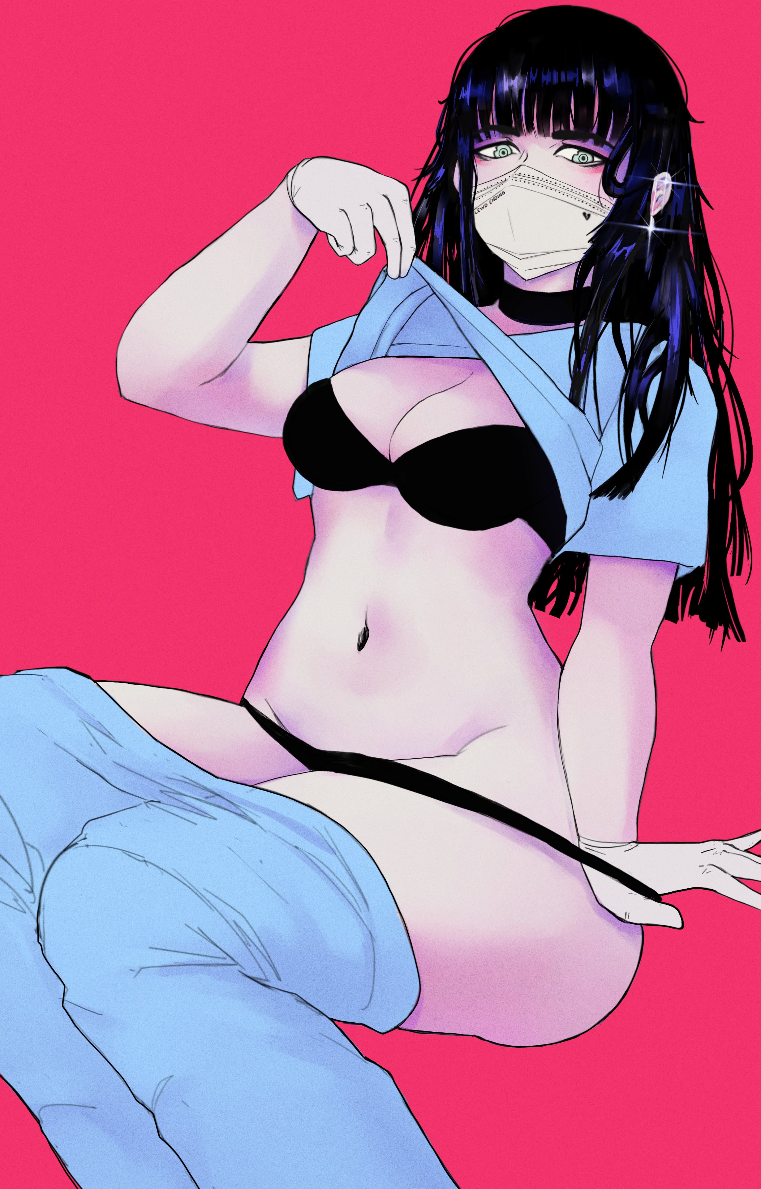 belly button, black hair, black underwear, face mask, female, gloves, heart, light skin, light-skinned female, long hair, looking at viewer, looking down, medical gloves, nurse, nurse vo, partially clothed, project zomboid, pulling down pants, shiny hair, solo, solo female, white gloves