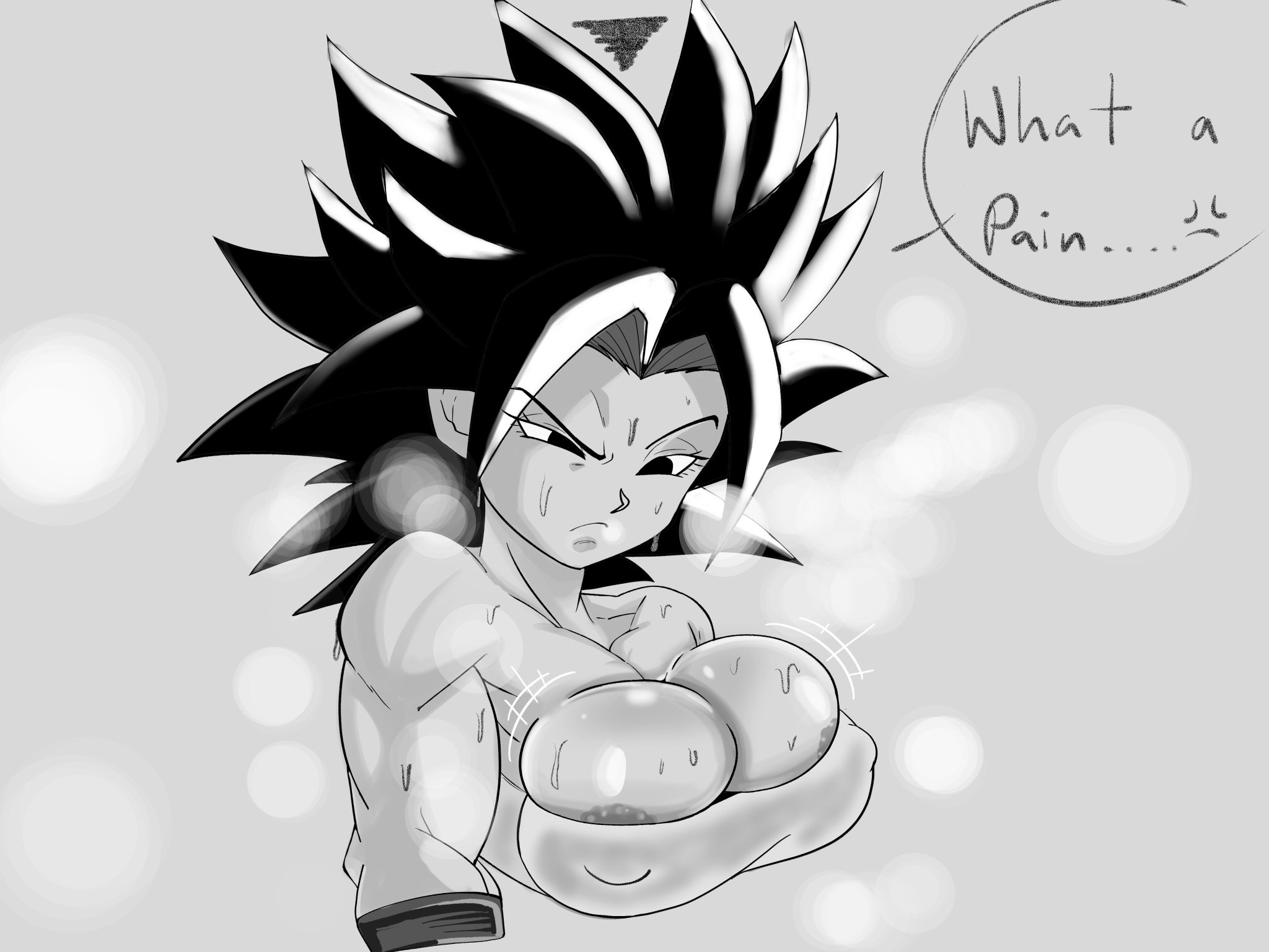 angry, big breasts, black eyes, black hair, breasts, caulifla, dragon ball, dragon ball super, english text, female, female saiyan, huge breasts, light skin, light-skinned female, long hair, muscular, muscular female, musk, musk clouds, musky, pseudocel, saiyan, smell, smelly, spiky hair, steam, steamy, sweat, sweatdrop, sweating, sweaty, text, tight clothing, tight top, universe 6 saiyan/universe 7 saiyan, universe 6/universe 7