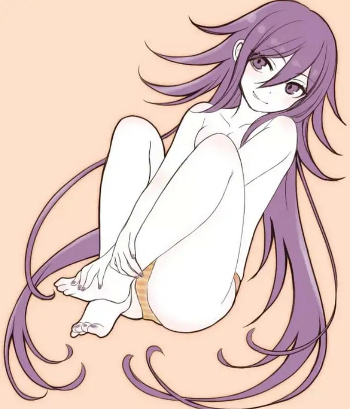 danganronpa, danganronpa v3, genderswap, grin, kokichi ouma, new danganronpa v3, orange background, orange panties, ouma kokichi, panties, purple eyes, purple hair, rule 63, straight hair