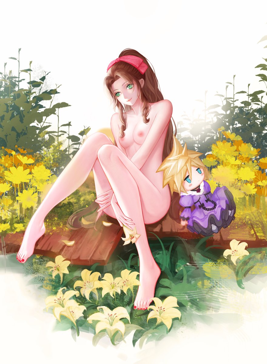 aerith_gainsborough aqua_eyes brown_hair doll final_fantasy final_fantasy_vii garden green_eyes light-skinned_female long_hair nude_female outdoors plushie yaoko