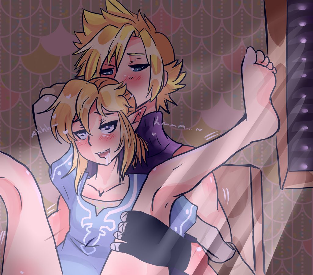 2boys, ahe gao, androgynous, barefoot, blonde hair, blue clothing, blue eyes, bottomless, bottomless male, breath of the wild, censored, champion's tunic, clothed, clothed sex, clothes, clothing, cloud, cloud strife, cropped, cropped image, crossover, death battle, drool, drool on face, drooling, feet, feet up, final fantasy, final fantasy vii, gay, gloves, happy, happy sex, hylian, implied anal, implied penetration, implied sex, legs, legs held open, legs over head, legs spread, legs up, light, link, link (breath of the wild), male, male focus, male only, male penetrated, male penetrating, male/male, maledom, malesub, roiner rinku, room, sex, sex sounds, sexually suggestive, super smash bros., the legend of zelda, trap on trap, window, yaoi