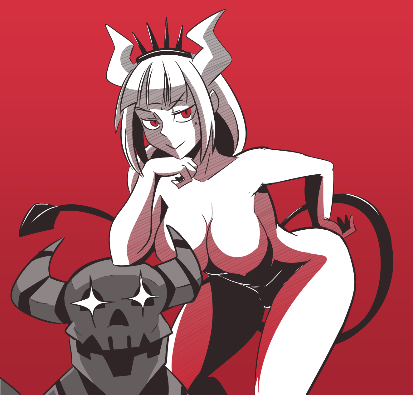 1girls, bending over, demon horns, demon tail, female, helltaker, horns, lucifer (helltaker), majinsfw, nude, red eyes, tail, white hair