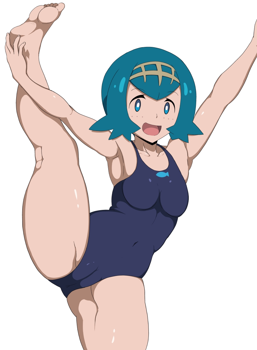 1girls, abs, aged up, alternate breast size, ass, big breasts, blue eyes, blue hair, breasts, cameltoe, clothed, eye contact, feet, female, flexible, flexing, freckles, huge thighs, human, lana (pokemon), legs up, light skin, light-skinned female, looking at viewer, mob face, nintendo, no sclera, one-piece swimsuit, oryuto, pale skin, pale-skinned female, pokemon, pokemon sm, pussy, short blue hair, short hair, small breasts, smile, soles, splits, spread legs, spreading, swimsuit, thick thighs, thighs, toes, trial captain, wide hips, young