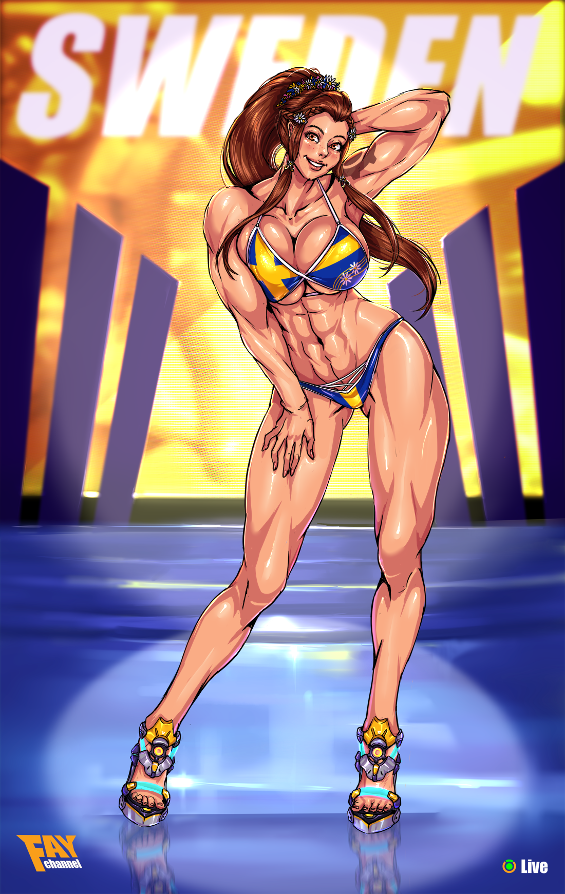 2d, abs, big breasts, bikini, blizzard entertainment, breasts, brigitte, brown eyes, brown hair, cleavage, european, faymantra, female, female only, flag bikini, flowers, large breasts, long hair, looking at viewer, muscular, muscular female, open toe shoes, overwatch, ponytail, solo, swedish flag