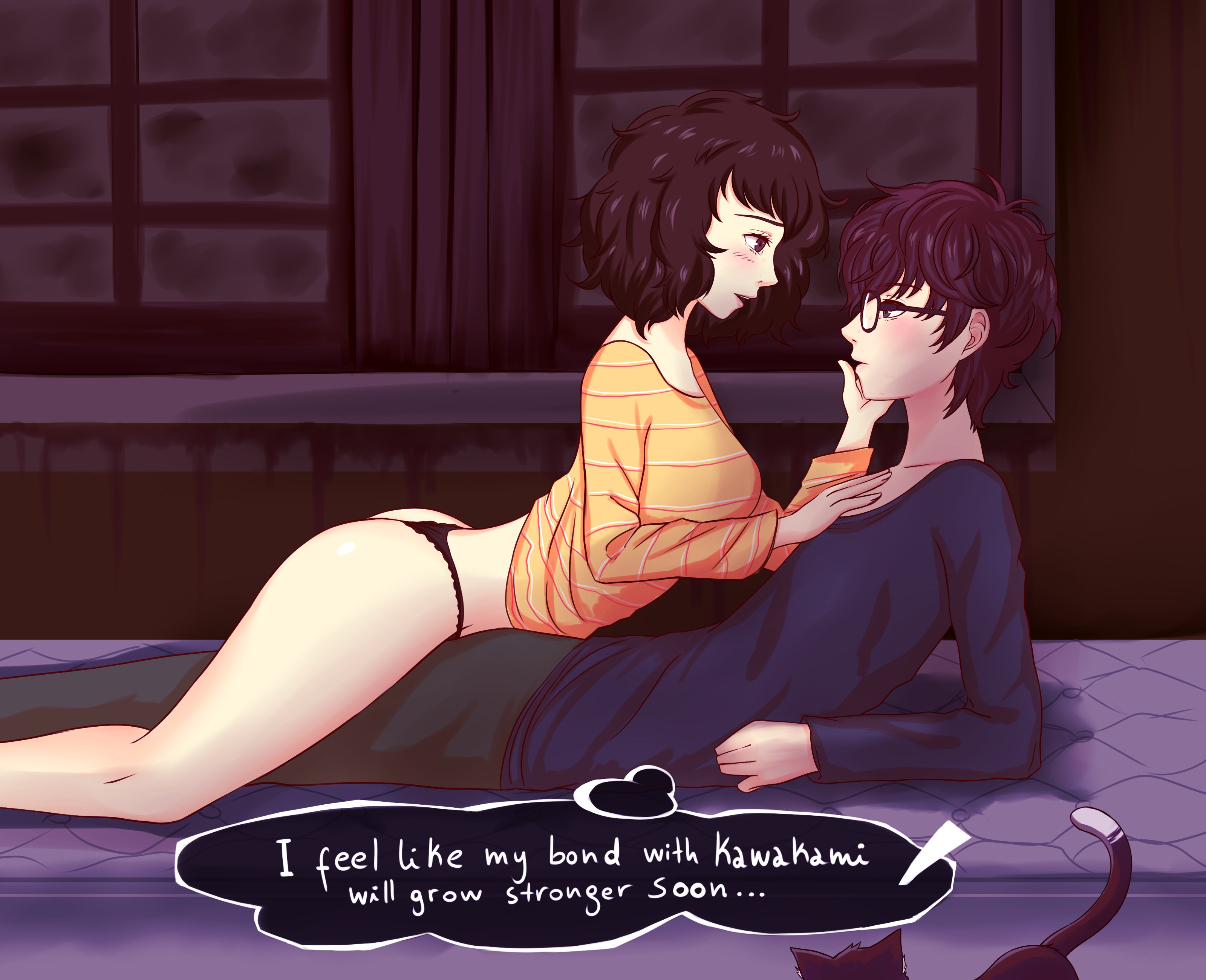 1boy, 1girls, adult, adult and teenager, age difference, ass, atlus, black thong, blush, brown hair, dialogue, female, imminent sex, joker (persona), kotavandeven, lingerie, male, megami tensei, older female, older female and younger male, on bed, persona, persona 5, ren amamiya, sadayo kawakami, student, student and teacher, tagme, teacher, teacher and student, teenage male, teenager, text, thong, younger male