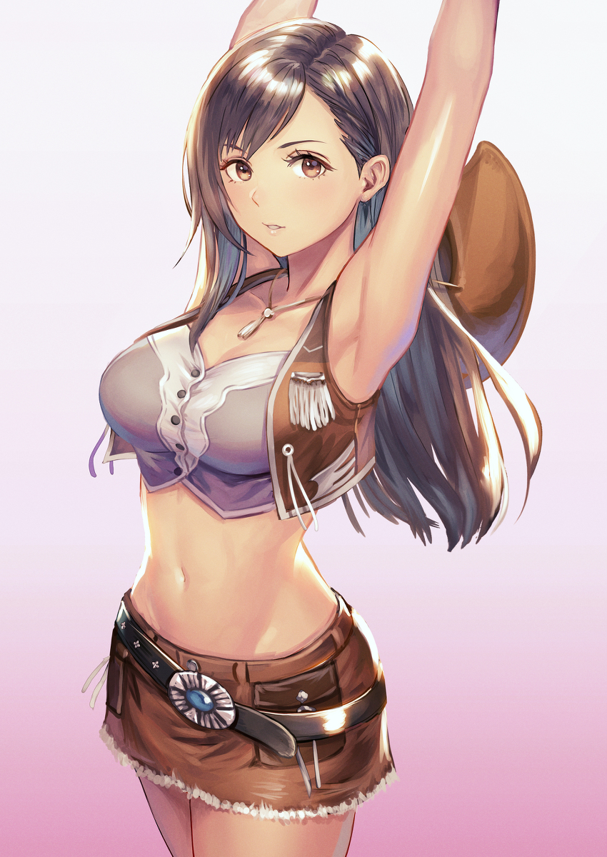1girls, alternate costume, alternate outfit, armpits, arms up, belt, big breasts, black hair, breasts, busty, button shirt, clothed, cowboy hat, cowgirl, cowgirl outfit, female, final fantasy, final fantasy vii, large breasts, long hair, looking at viewer, midriff, midriff baring shirt, navel, pose, short skirt, skirt, smile, solo, solo female, stomach, tagme, tifa lockhart, tight clothing, yoshiro ambe